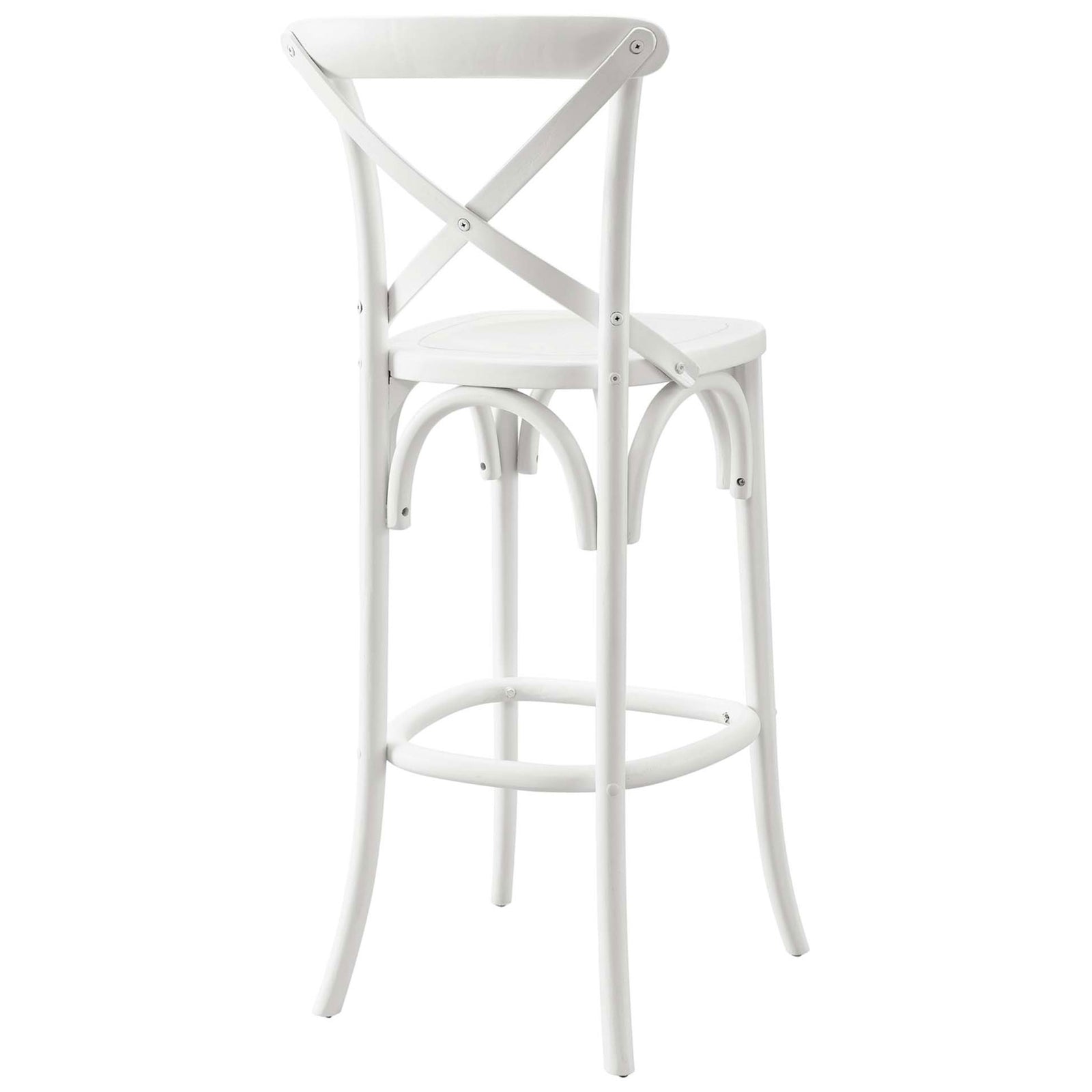 X-back silhouette and subtle wood grain highlight this sturdy white bar-height stool || EEI-5563-WHI || back_angle_studio