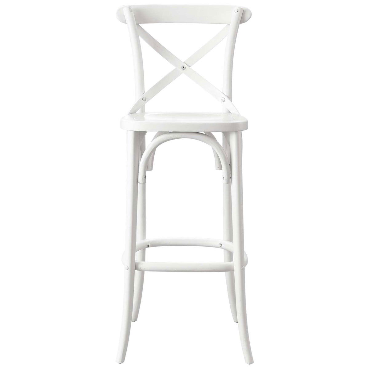 White farmhouse bar stool with X-brace back, arched leg supports, and a rounded footrest ring || EEI-5563-WHI || front_studio