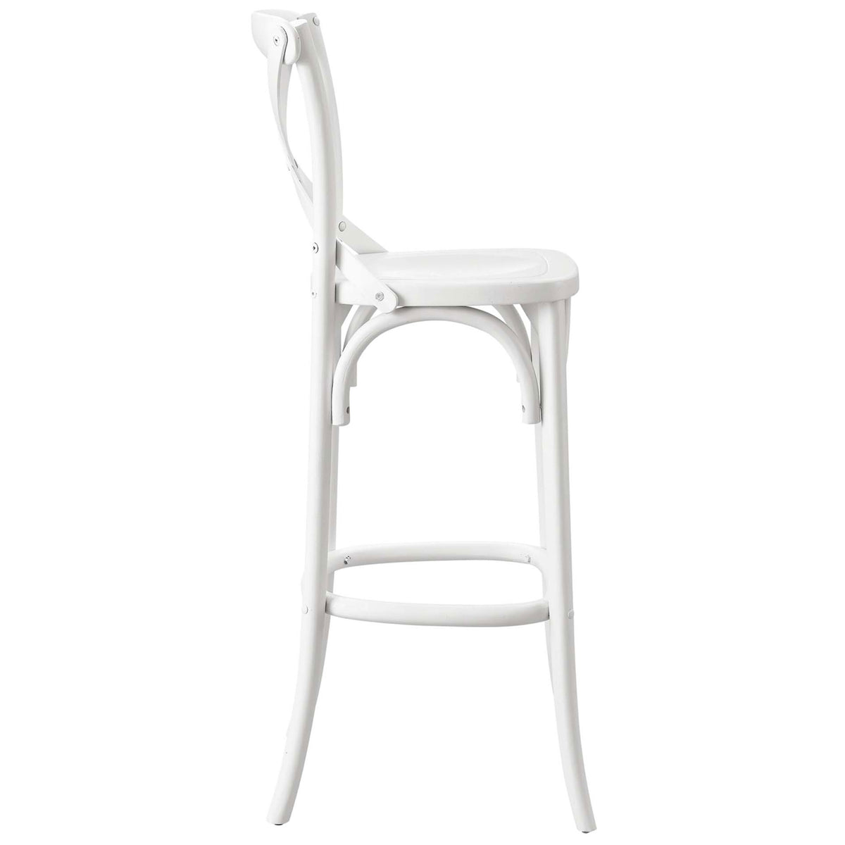 Splayed legs and circular footrest give this white bar stool a graceful, lightweight look || EEI-5563-WHI || side_studio