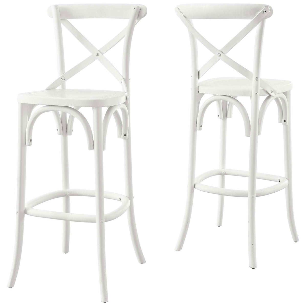 Timeless bar stool design featuring curved stretchers and a contoured seat for comfortable perch || EEI-5563-WHI || front_angle_studio