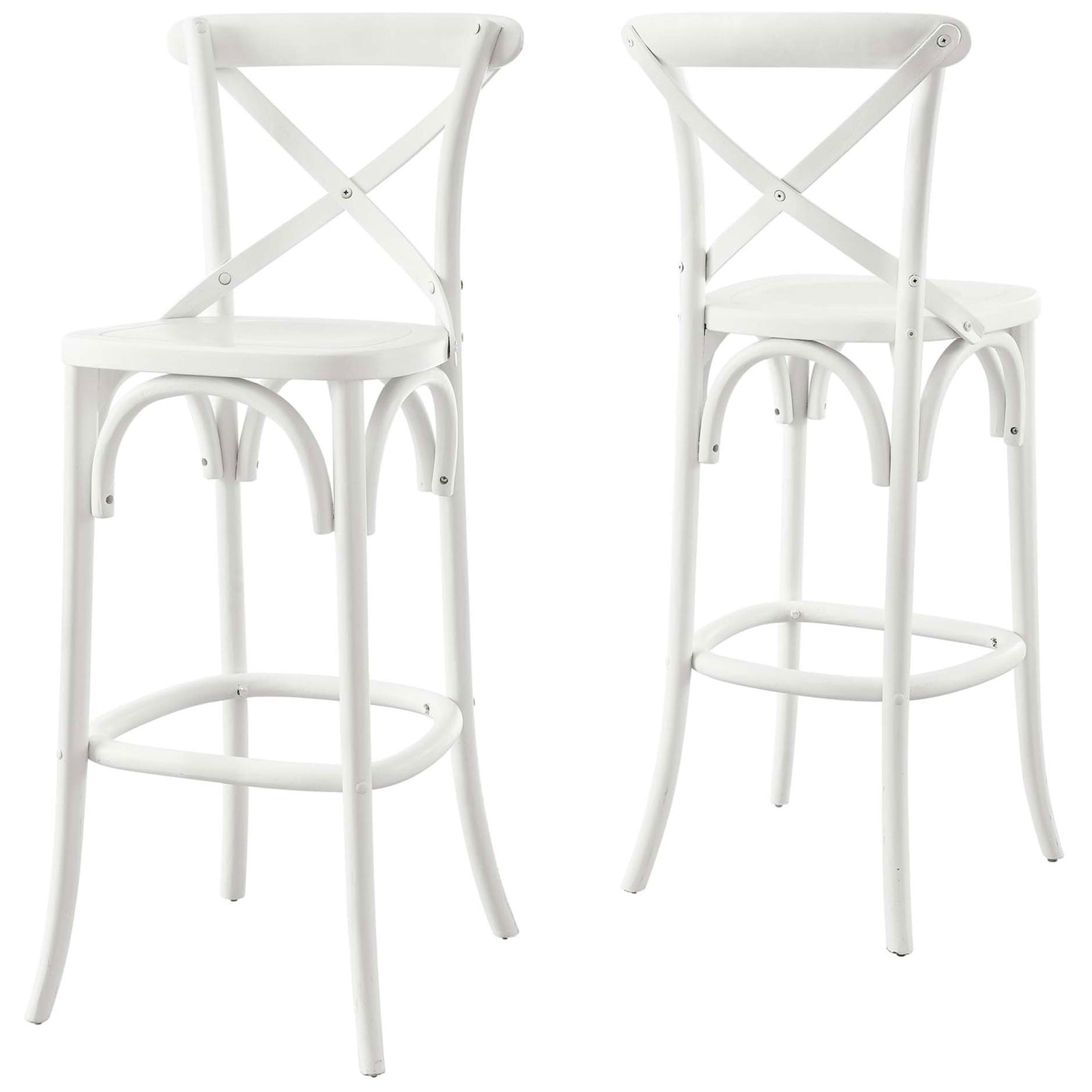 Timeless bar stool design featuring curved stretchers and a contoured seat for comfortable perch || EEI-5563-WHI || front_angle_studio