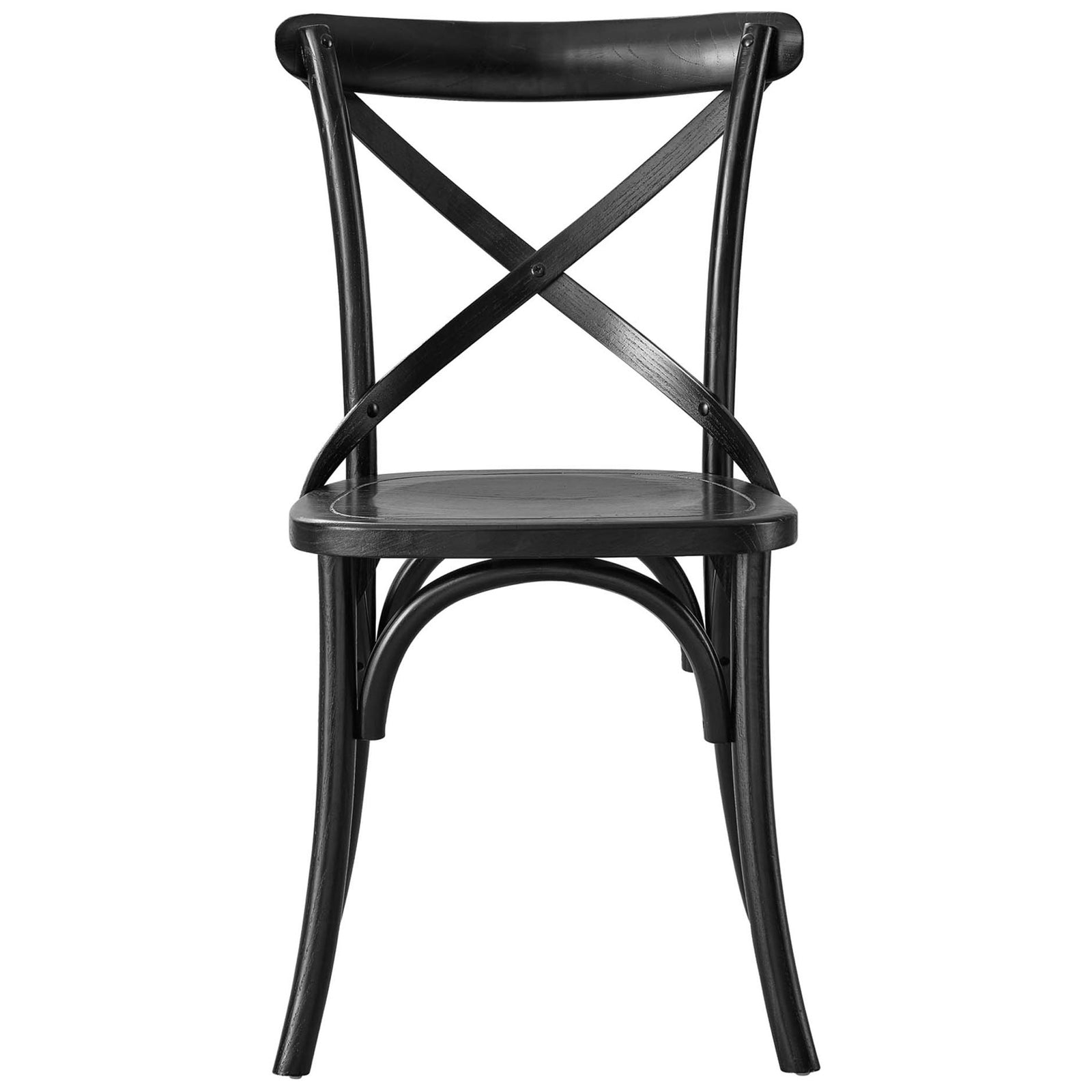 Black farmhouse dining chair with X-back and curved legs in smooth elm wood finish || EEI-5564-BLK || front_studio