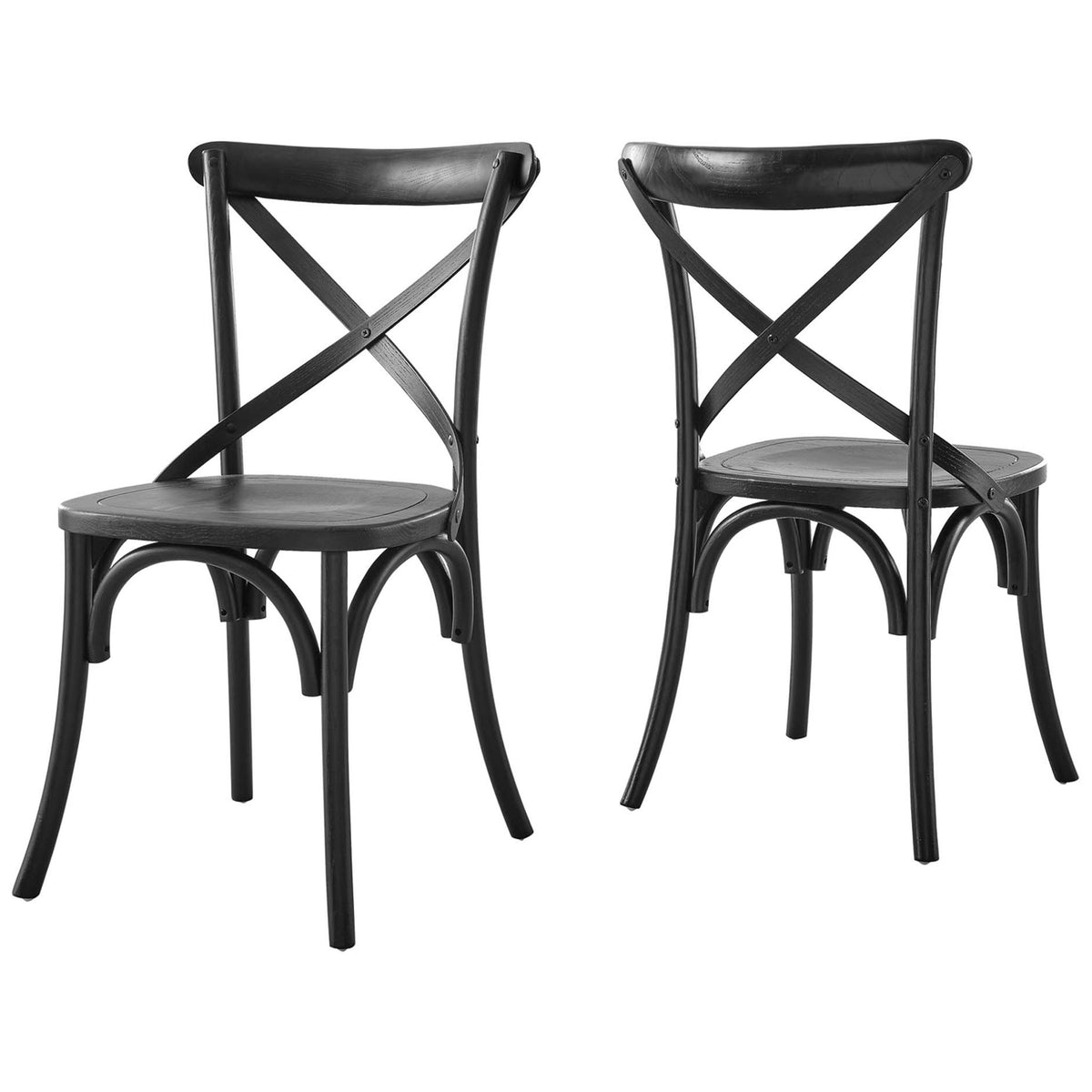 Pair of black elm wood dining chairs with farmhouse X-backs and flared legs || EEI-5564-BLK || front_angle_studio