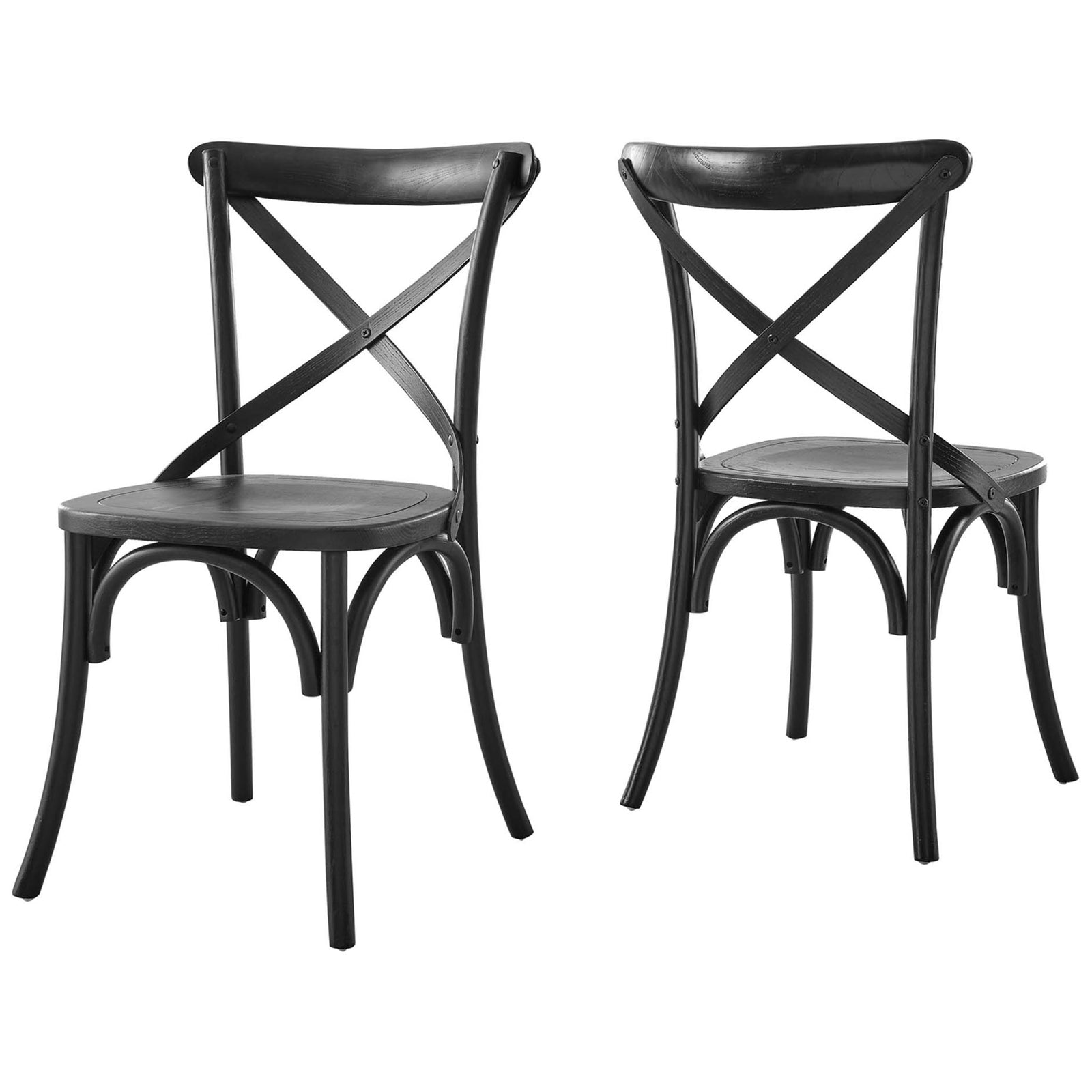 Pair of black elm wood dining chairs with farmhouse X-backs and flared legs || EEI-5564-BLK || front_angle_studio