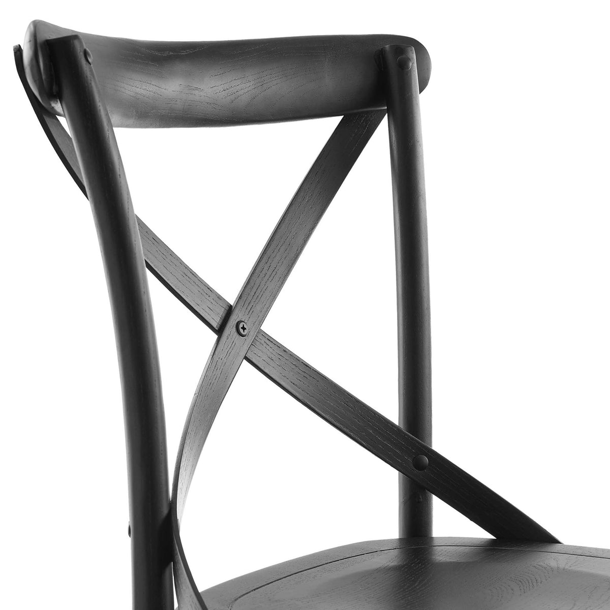 Smooth elm wood backrest with X-brace detail on this black farmhouse dining chair || EEI-5564-BLK || detail_studio