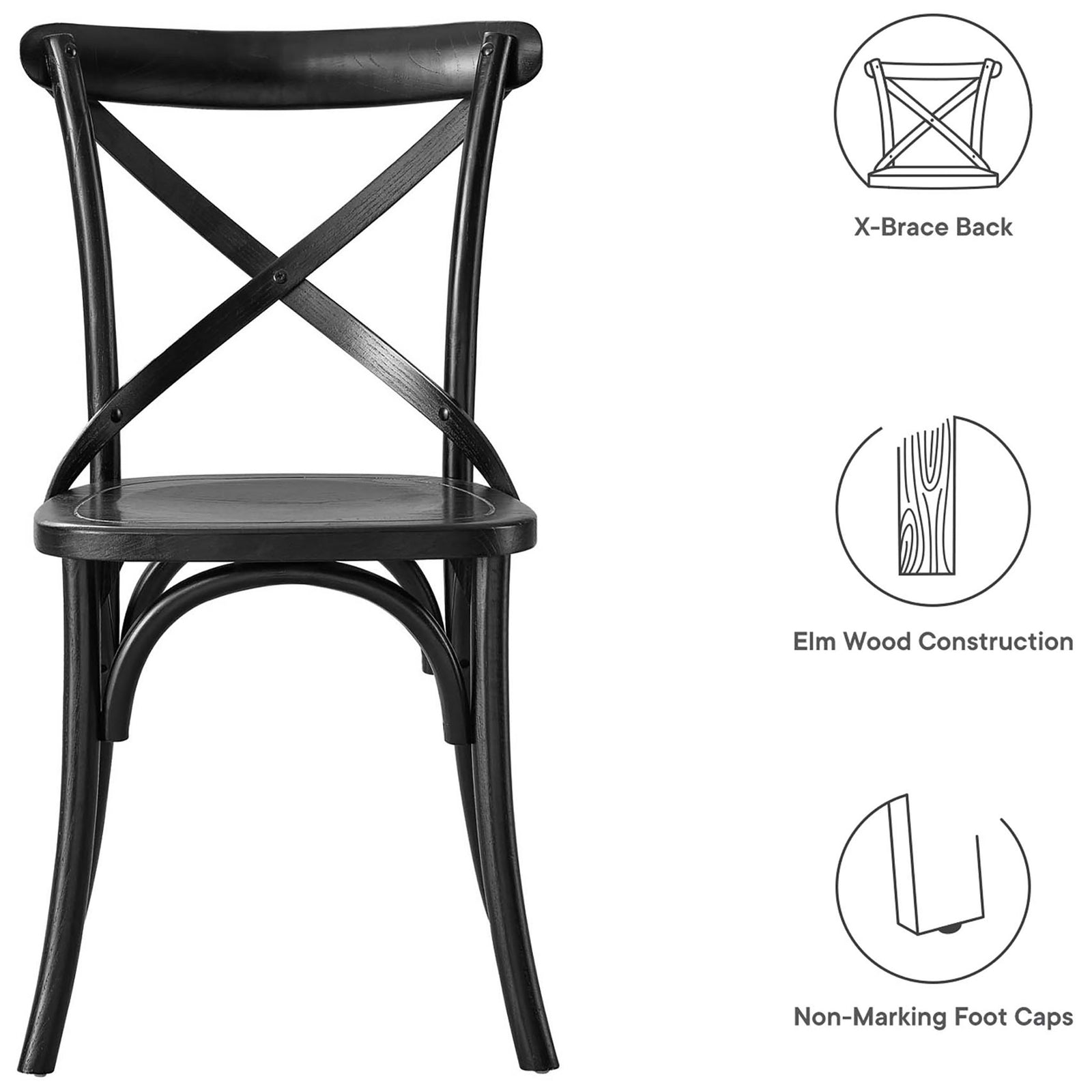 Black X-back dining chair with elm wood frame, sturdy cross brace, and non-marking foot caps || EEI-5564-BLK || callout_studio