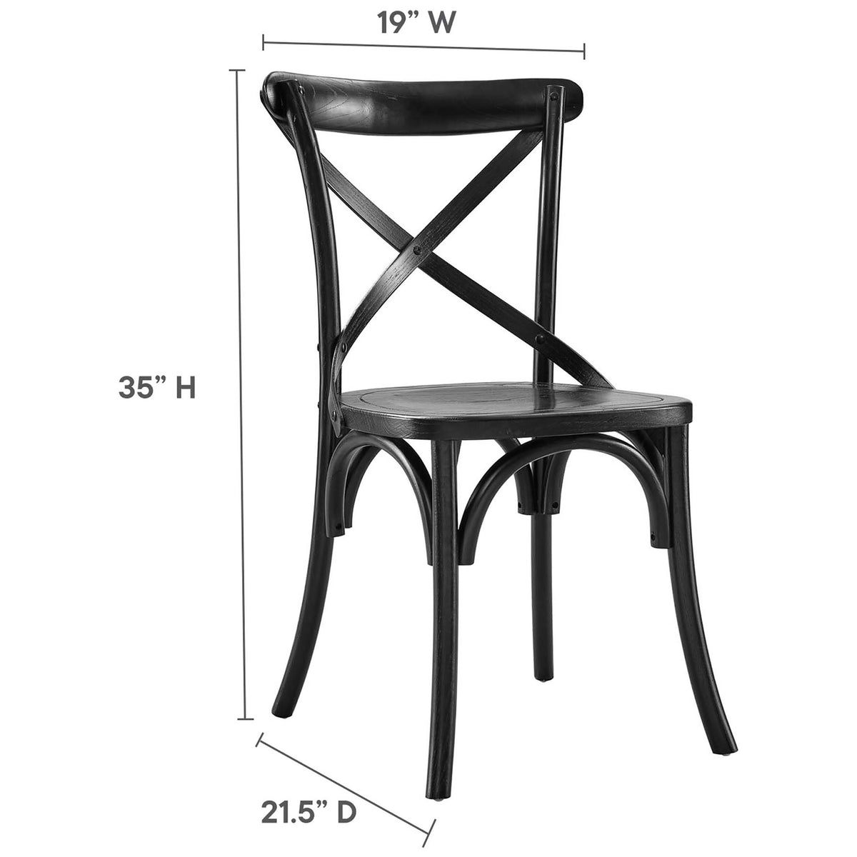 Black dining chair with X-back shown with height, width, and depth measurements || EEI-5564-BLK || dimension_studio
