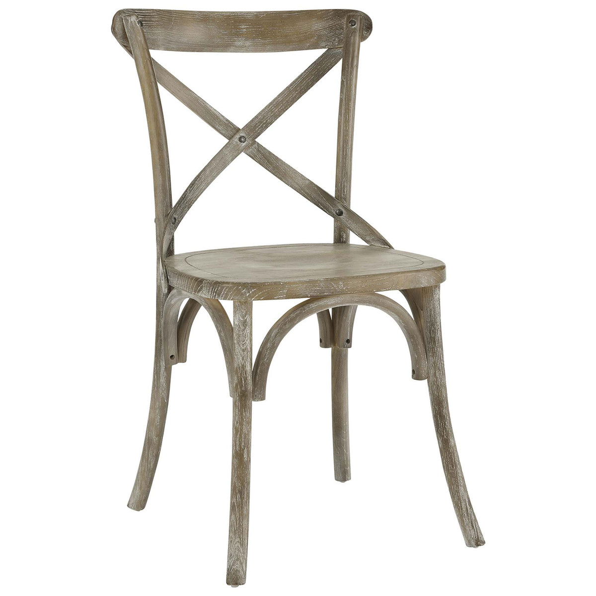 Gray farmhouse dining chair with X-back and arched supports in a weathered elm wood finish || EEI-5564-GRY || front_angle_studio