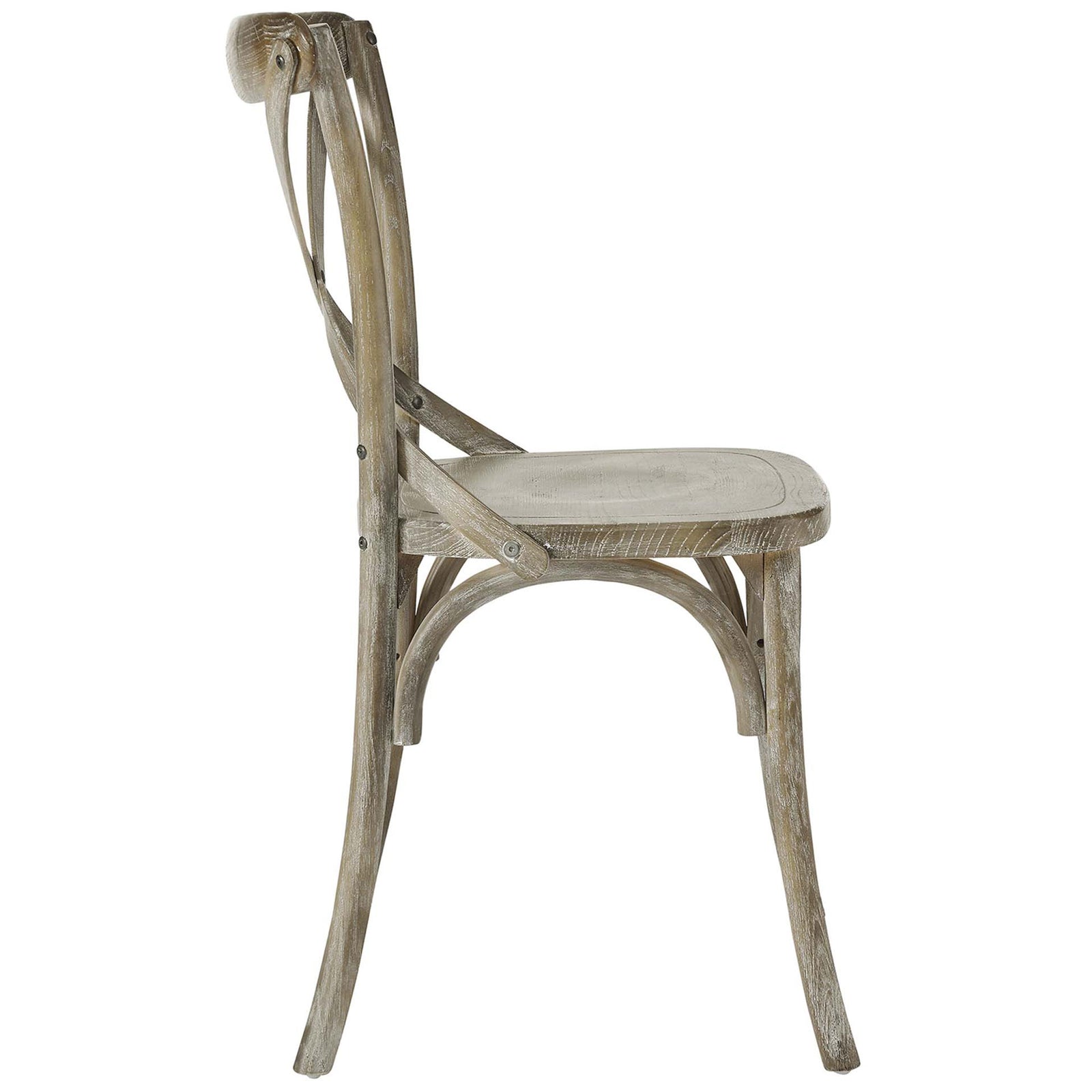 Side profile of the gray Gear dining chair showing contoured wood seat and splayed farmhouse legs || EEI-5564-GRY || side_studio