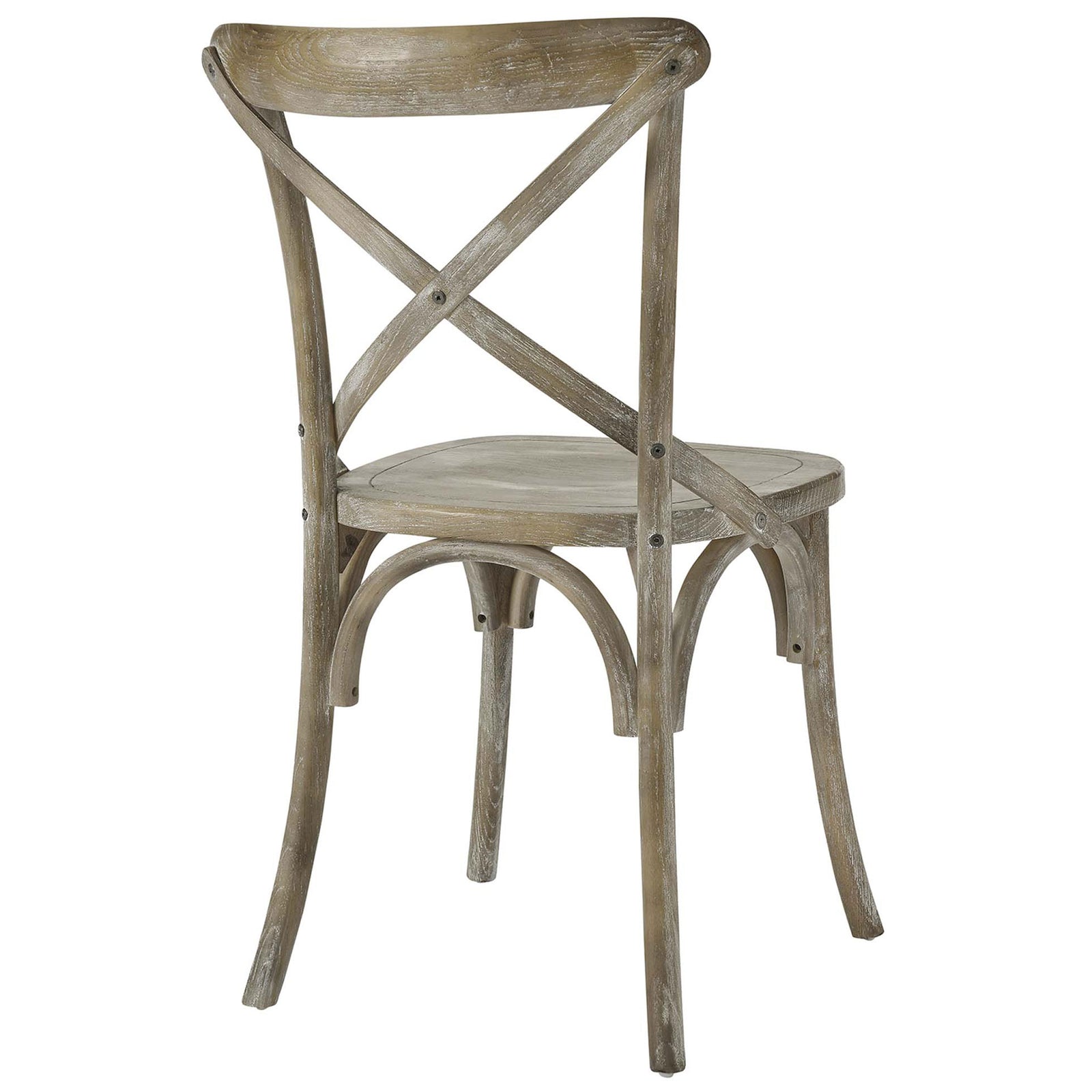 Back view of gray cross-back dining chair with curved top rail and arched leg supports || EEI-5564-GRY || back_angle_studio