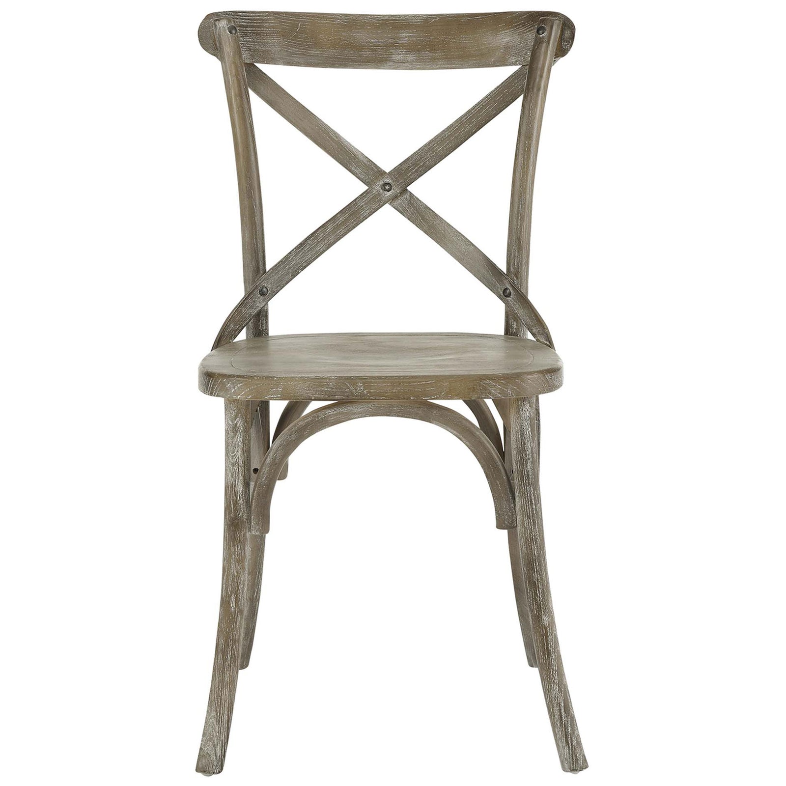 Gray farmhouse X-back dining chair with rounded seat and gently flared legs for timeless style || EEI-5564-GRY || front_studio