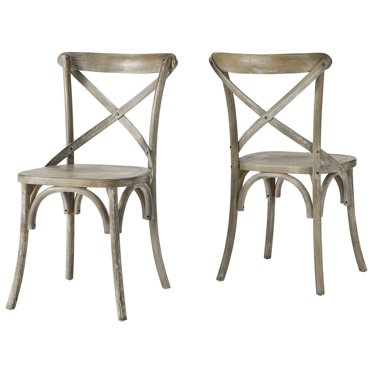 Pair of gray cross-back dining chairs showcasing front and back details in a rustic wood finish || EEI-5564-GRY || front_angle_studio