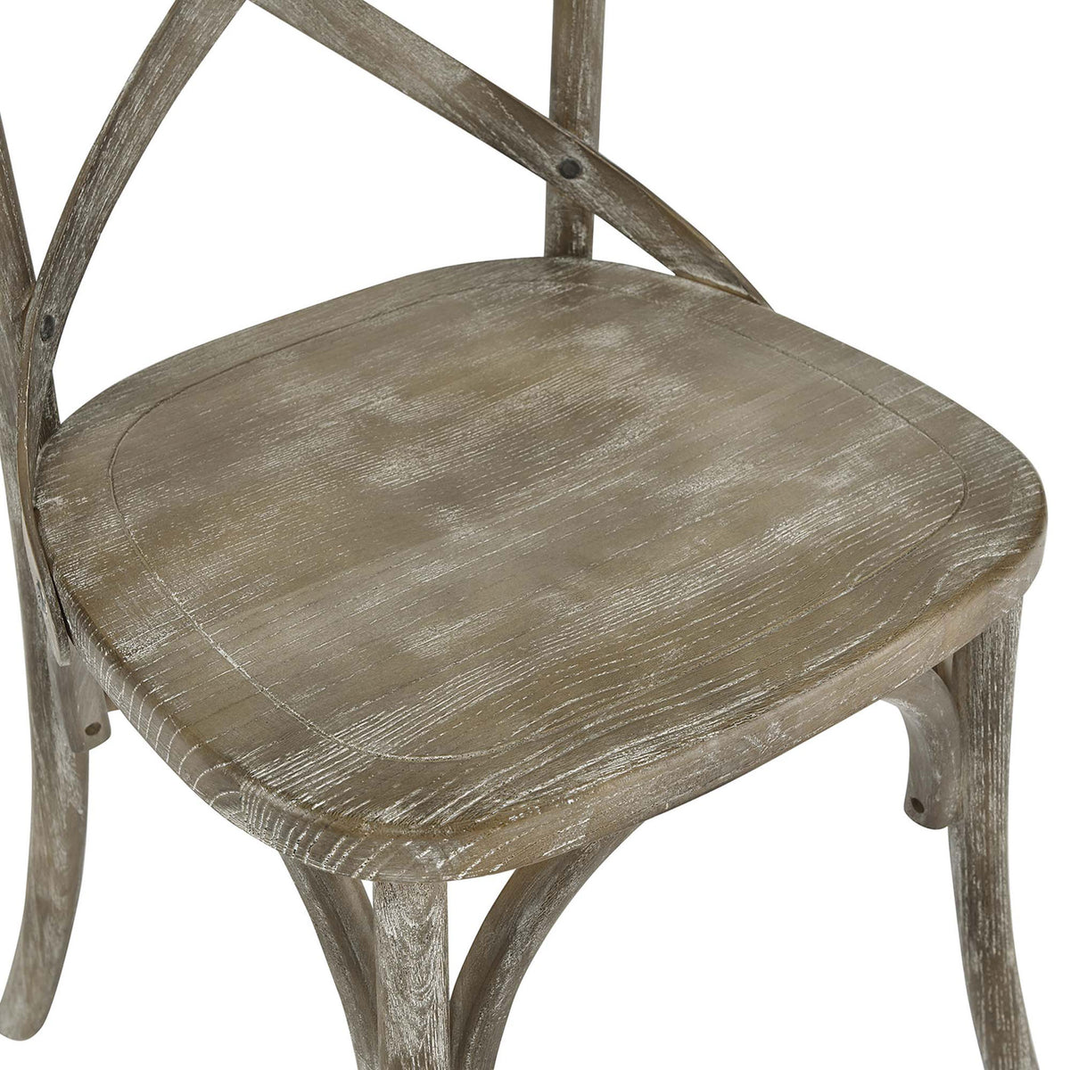 Weathered gray wood seat of the Gear chair with subtle grain pattern and smooth rounded edges || EEI-5564-GRY || detail_studio