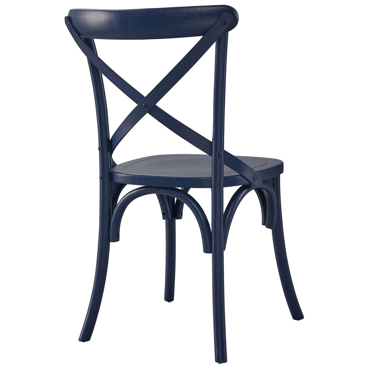 Back view of the midnight blue dining chair with classic X-brace detail and gently flared legs || EEI-5564-MID || back_angle_studio