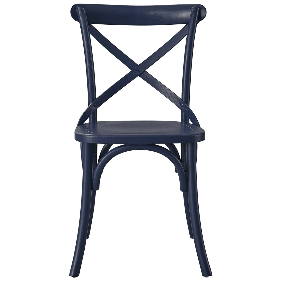 Midnight blue farmhouse dining chair with curved legs and X-back design, crafted from smooth elm wood || EEI-5564-MID || front_studio