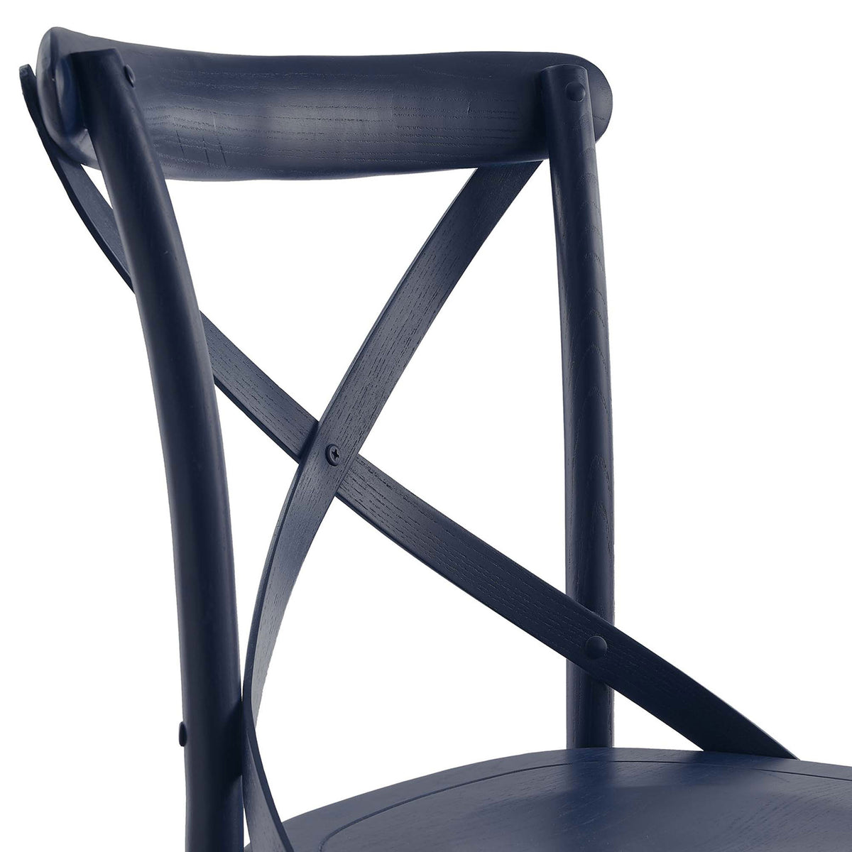 Close-up of the elm wood grain and X-back support on the midnight blue dining chair || EEI-5564-MID || detail_studio