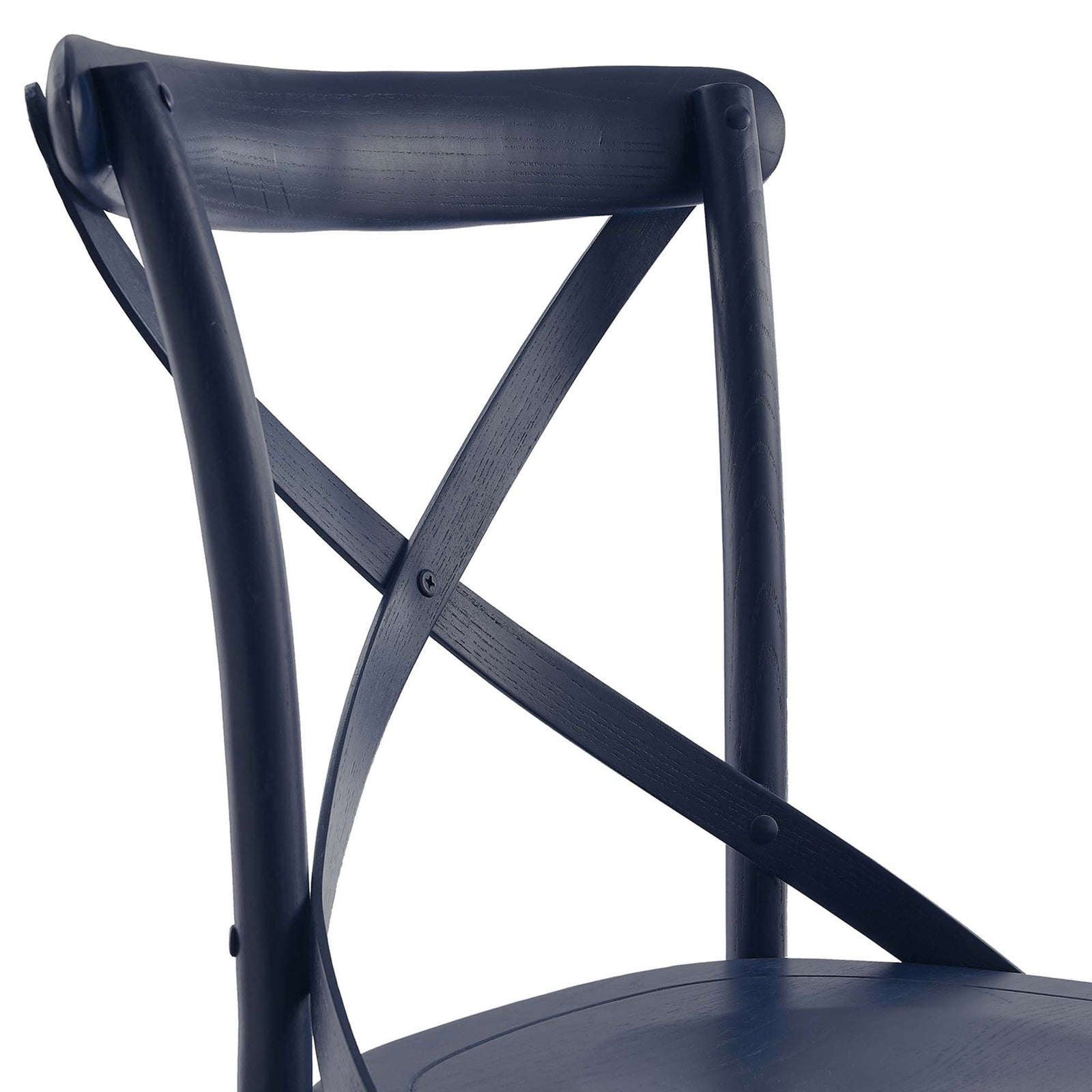 Close-up of the elm wood grain and X-back support on the midnight blue dining chair || EEI-5564-MID || detail_studio