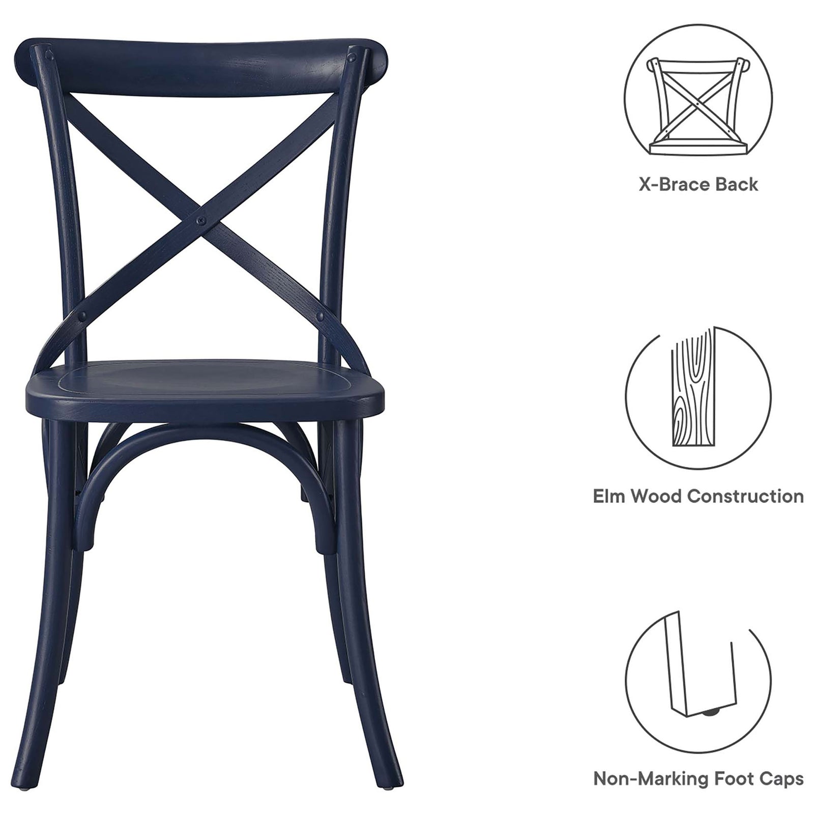 Midnight blue dining chair with X-brace back, elm wood construction, and non-marking foot caps highlighted || EEI-5564-MID || callout_studio