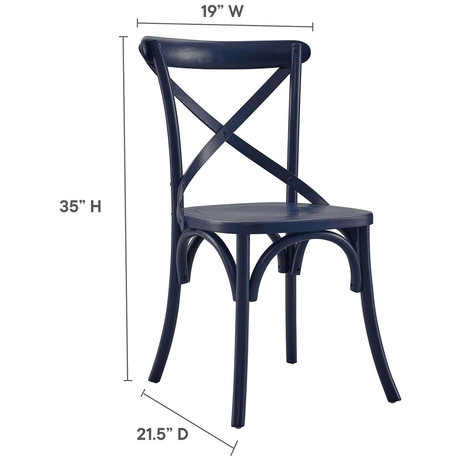 Dining chair in midnight blue finish with width, height, and depth measurements shown for easy planning || EEI-5564-MID || dimension_studio