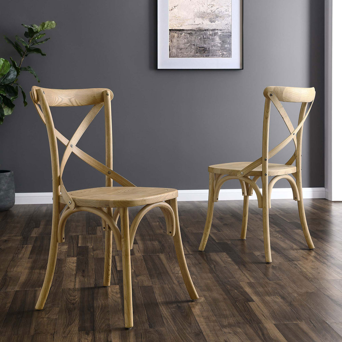 Pair of natural wood cross-back chairs arranged in a contemporary dining space || EEI-5564-NAT || front_angle_room