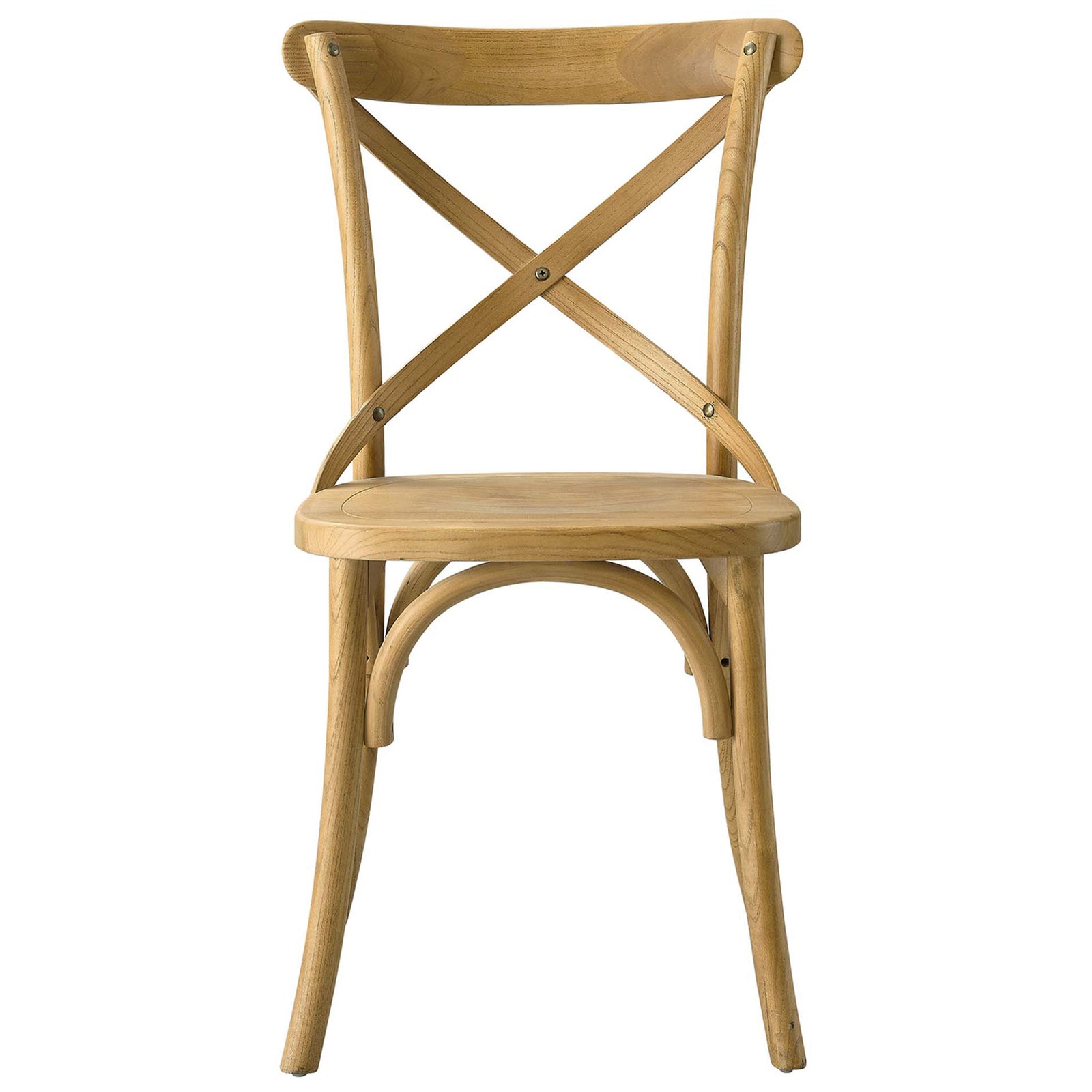 Natural finish dining side chair with round seat and farmhouse-inspired cross-back || EEI-5564-NAT || front_studio
