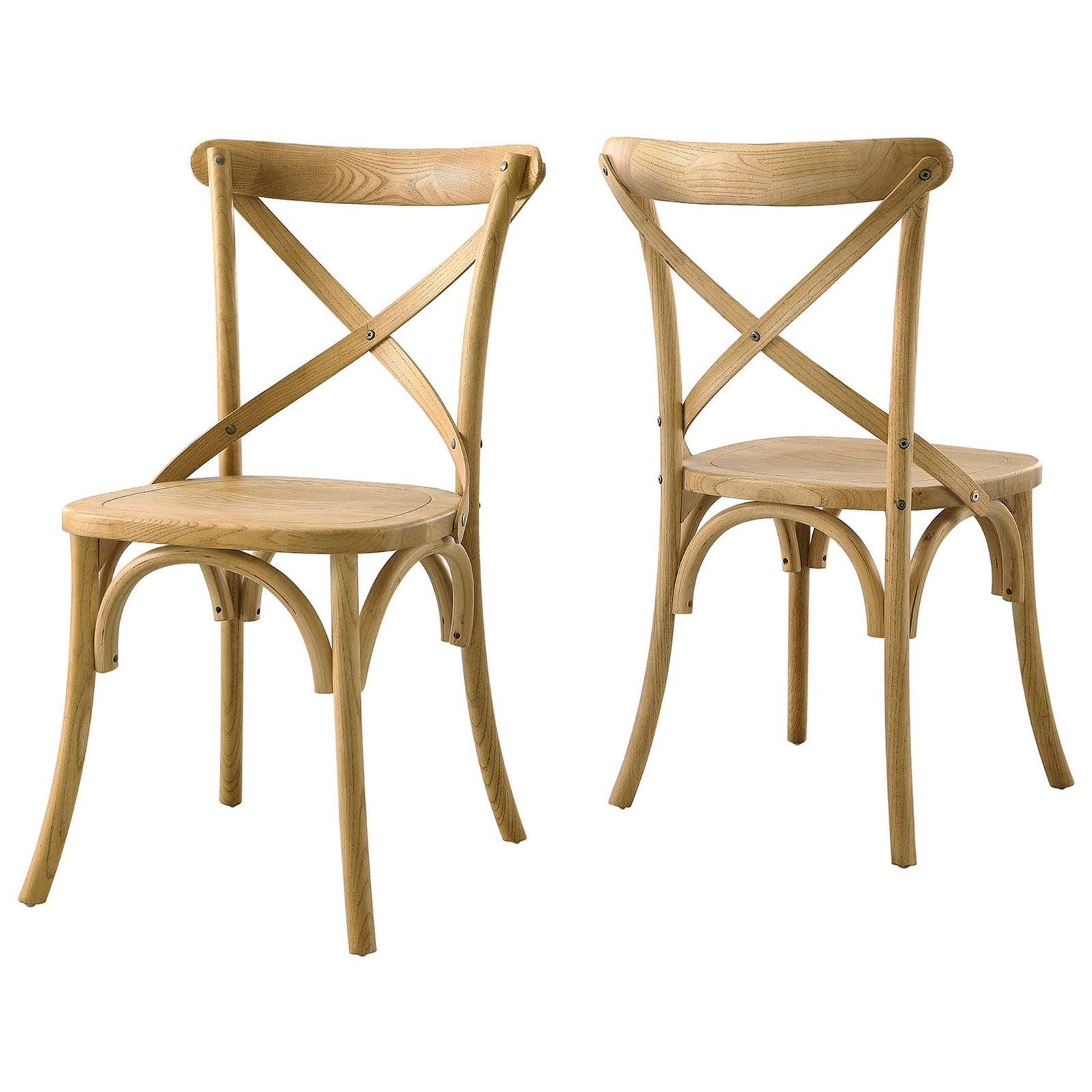 Two natural wood cross-back chairs highlighting round seats and arched leg supports || EEI-5564-NAT || front_angle_studio