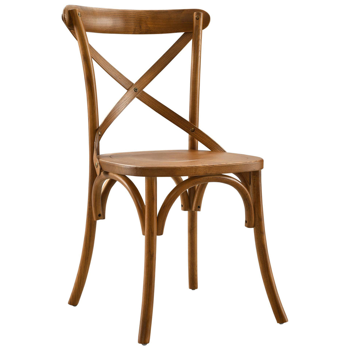 Walnut Gear dining chair with round wood seat, arched base, and classic X-back design || EEI-5564-WAL || front_angle_studio