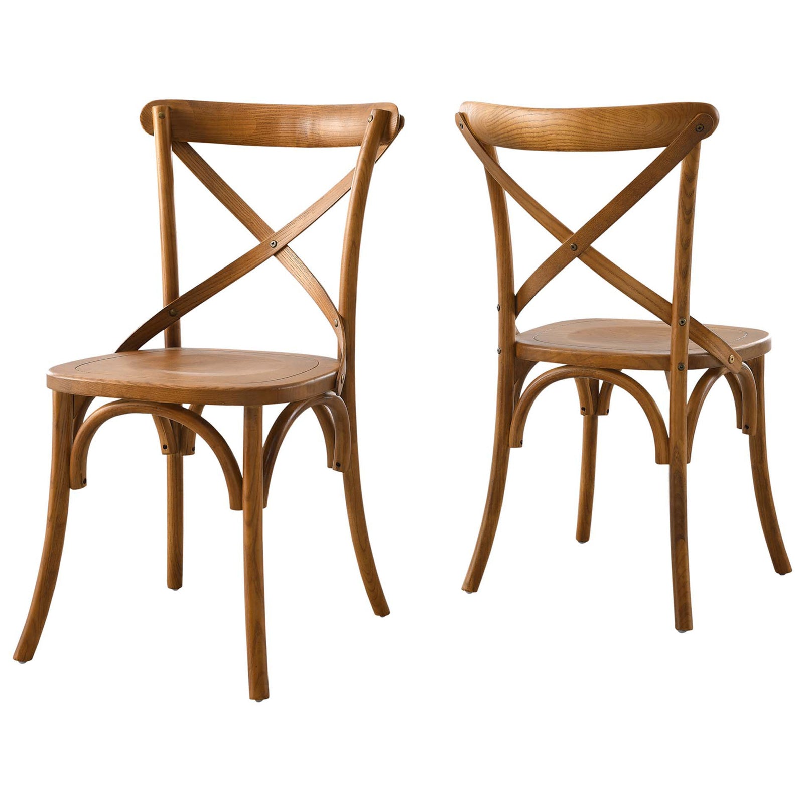 Pair of walnut Gear dining chairs with X-backs and arched legs for a coordinated dining look || EEI-5564-WAL || front_angle_studio