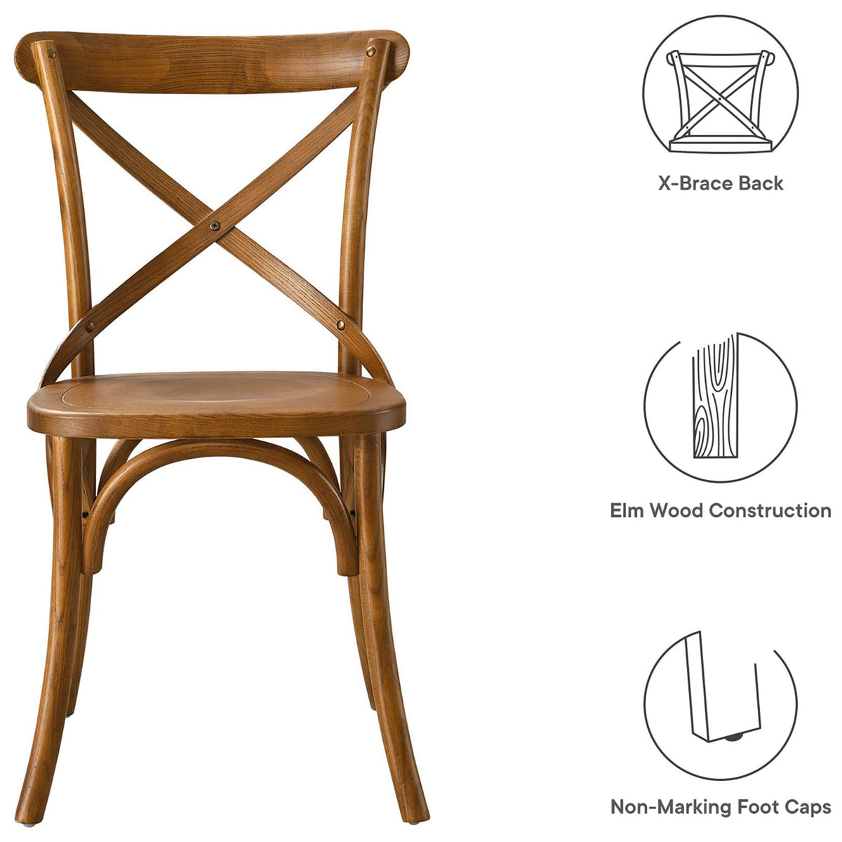 Gear walnut dining chair with icons highlighting X-brace back, elm wood, and non-marking foot caps || EEI-5564-WAL || callout_studio