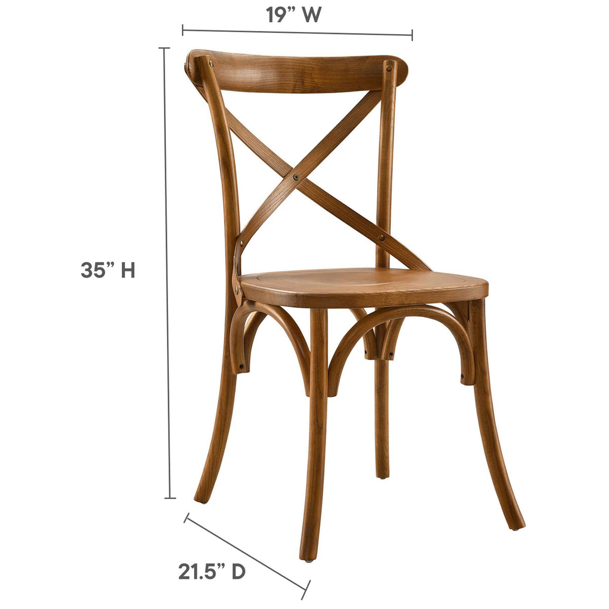 Gear walnut dining chair with dimension lines indicating overall height, width, and depth || EEI-5564-WAL || dimension_studio