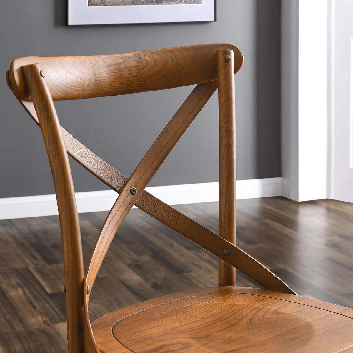 Walnut X-back dining chair bringing warm wood texture to a modern gray dining room || EEI-5564-WAL || detail_room