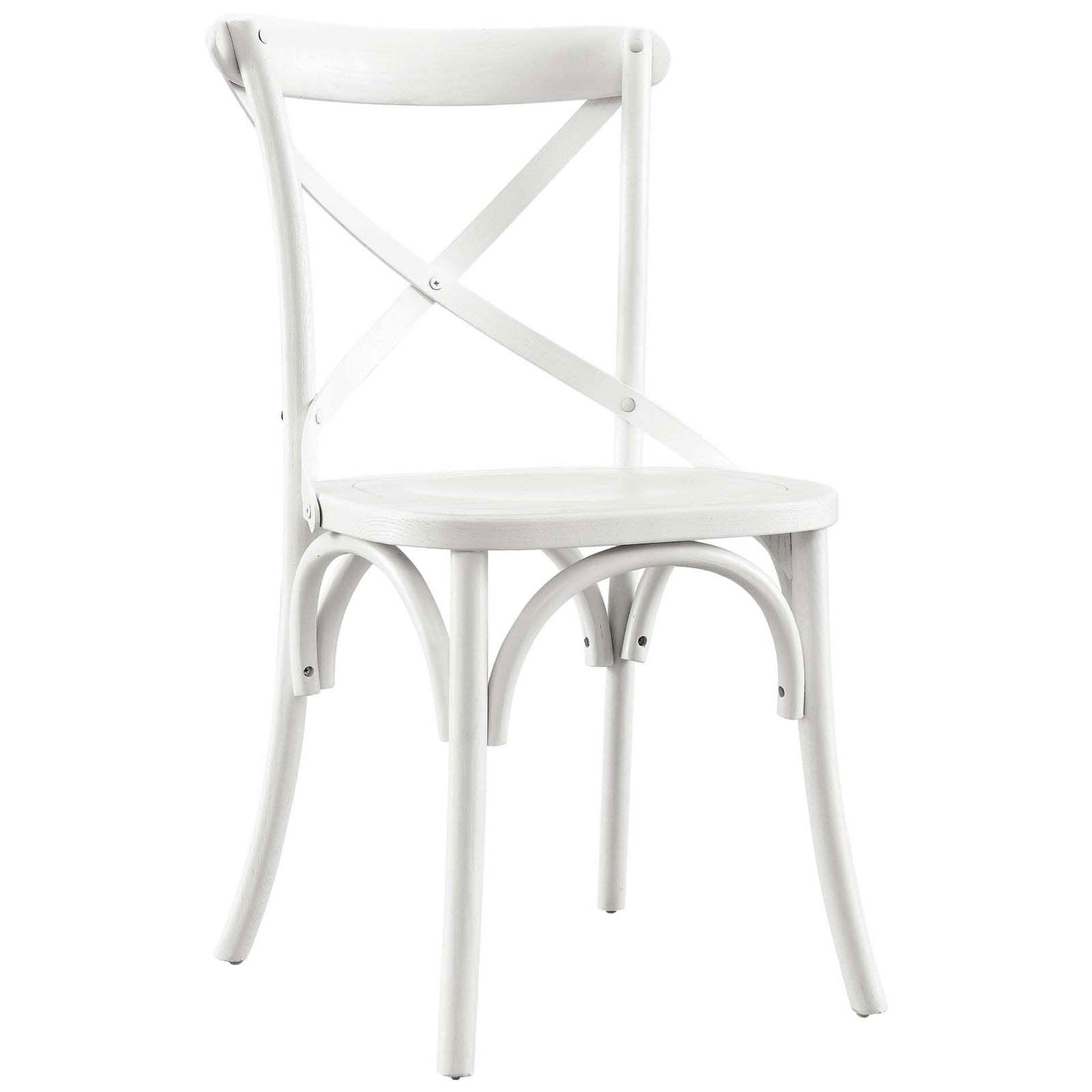 Farmhouse-inspired white dining chair with curved legs and x-back detail || EEI-5564-WHI || front_angle_studio