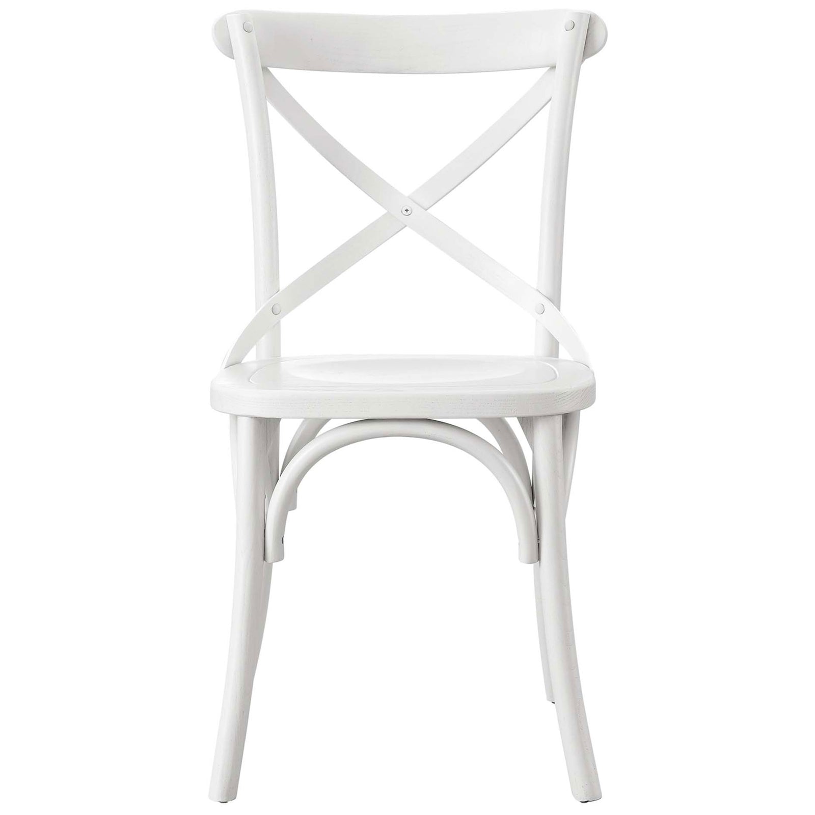 Classic white wood dining chair with round seat and supportive cross-back || EEI-5564-WHI || front_studio