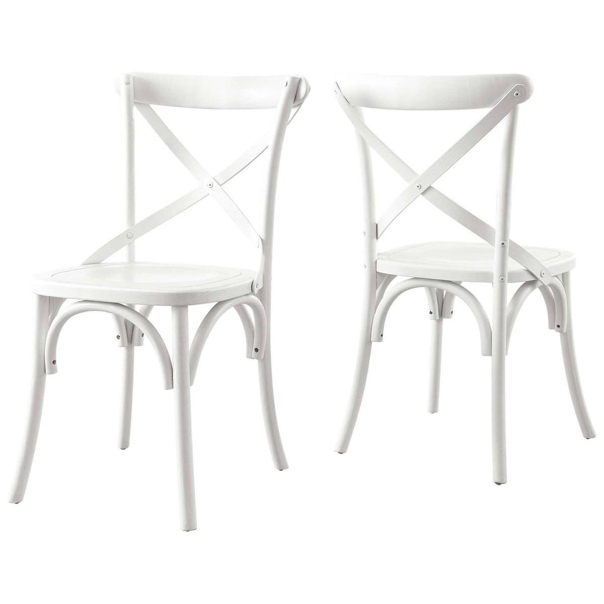 Pair of white cross-back dining chairs with gracefully curved frames || EEI-5564-WHI || back_angle_studio