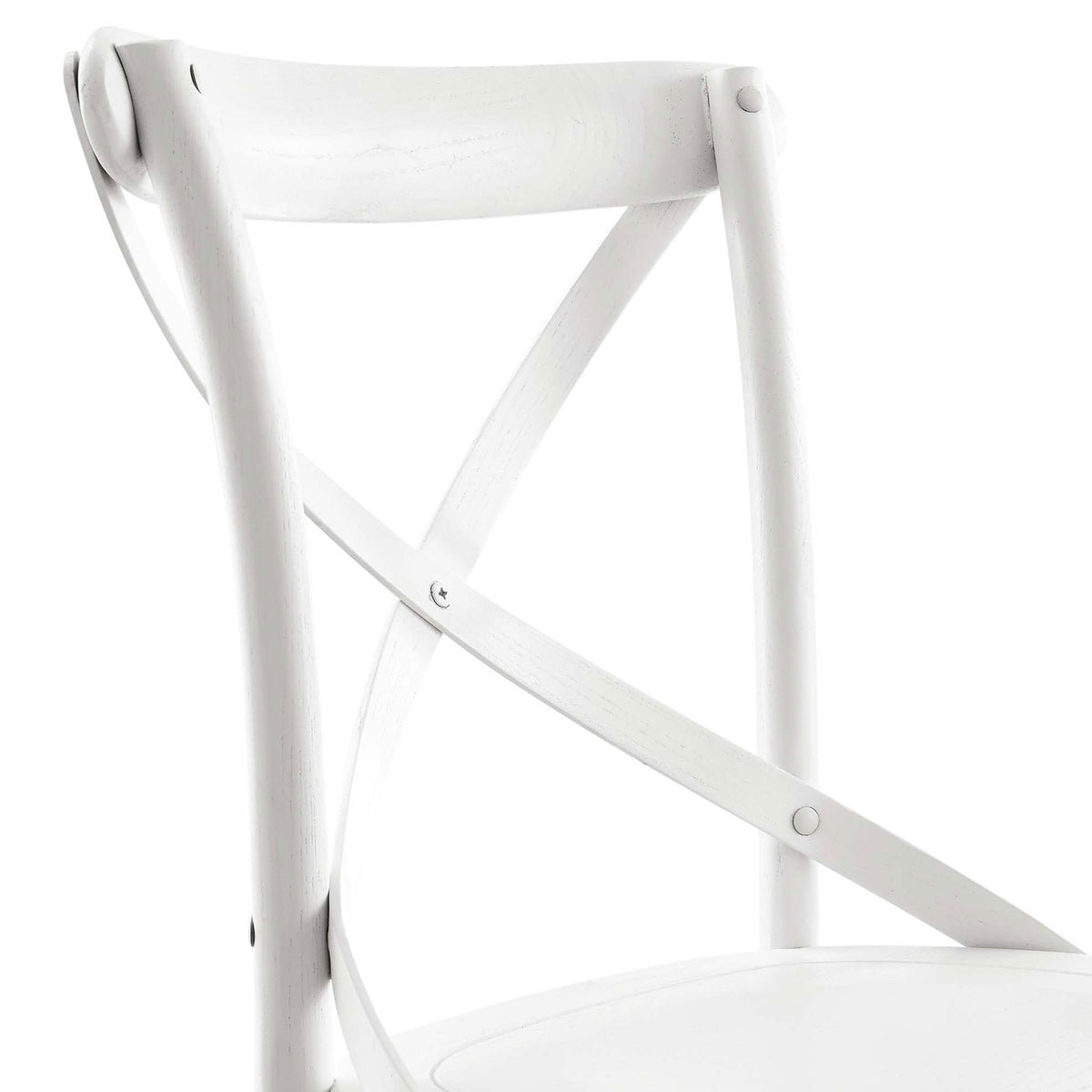 Close-up of white dining chair backrest with x-brace and contoured seat edge || EEI-5564-WHI || detail_studio