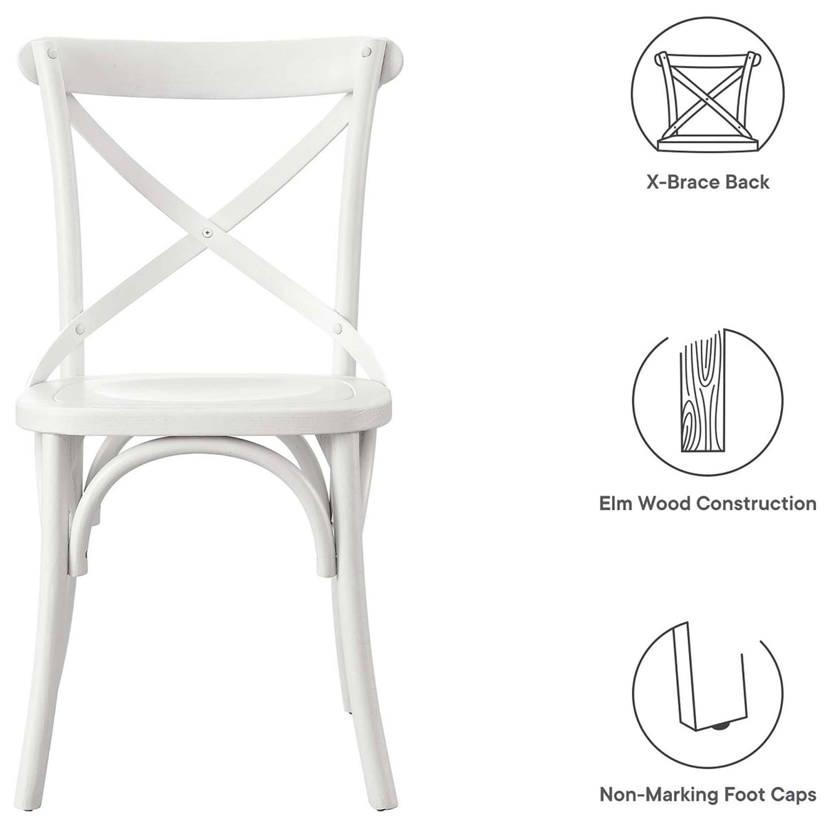 White cross-back dining chair with illustrated icons highlighting key features || EEI-5564-WHI || callout_studio