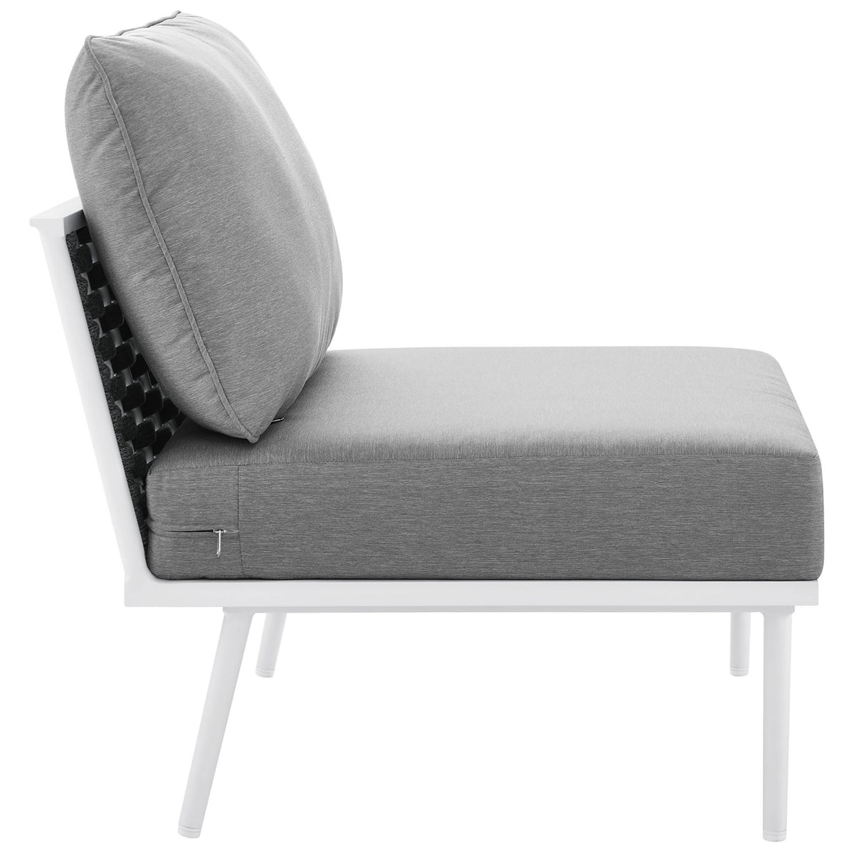 Stance armless chair showing thick gray seat and back cushions resting on slim white legs || EEI-5568-WHI-GRY || side_studio