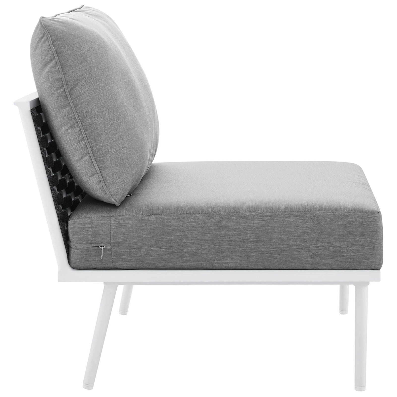 Stance armless chair showing thick gray seat and back cushions resting on slim white legs || EEI-5568-WHI-GRY || side_studio