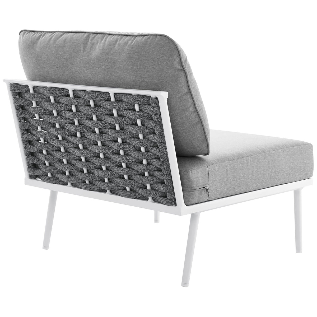 Curved woven rope back in charcoal gray supporting the Stance white armless chair || EEI-5568-WHI-GRY || back_angle_studio