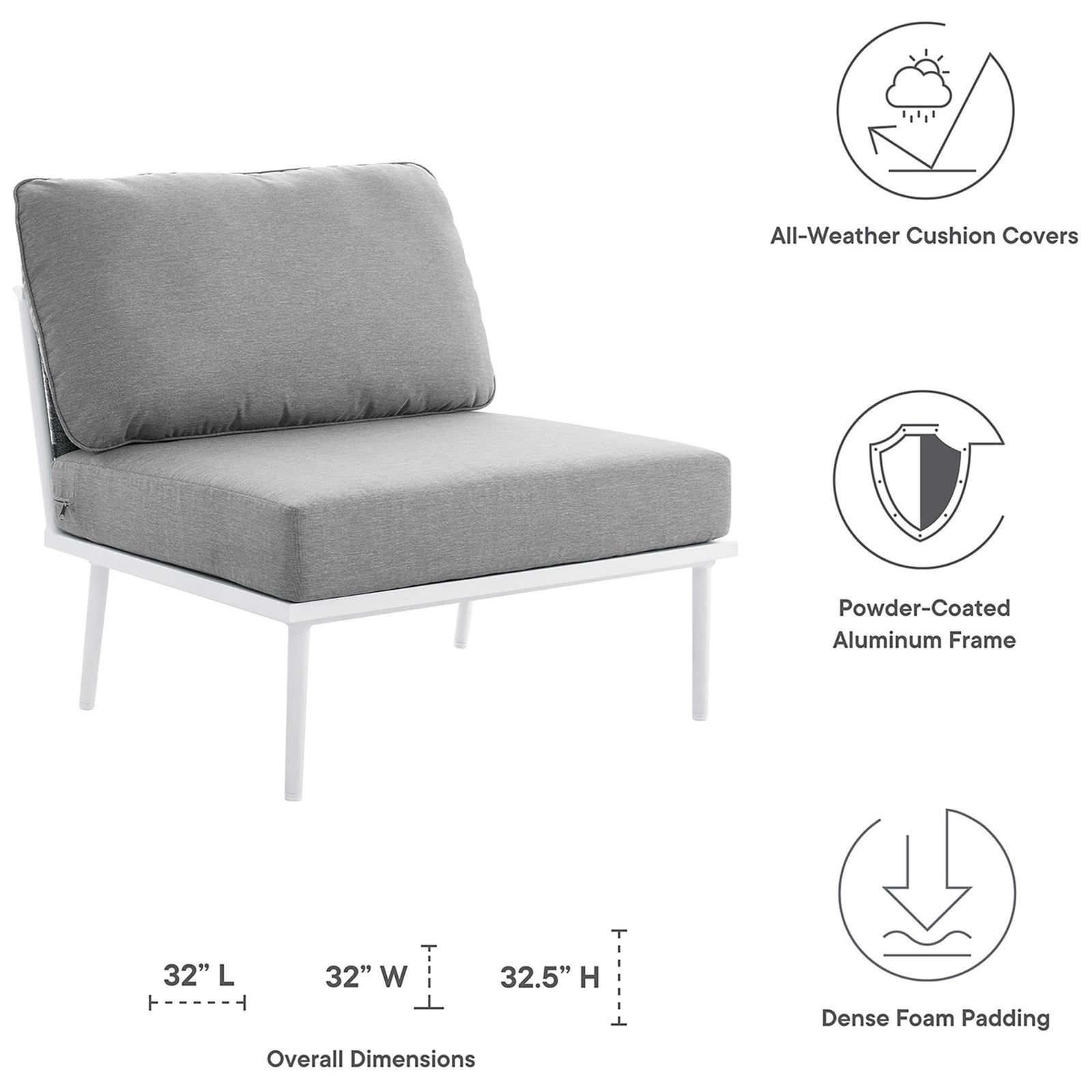Stance armless chair with icons highlighting all weather cushions, powder coated frame, and size || EEI-5568-WHI-GRY || dimension_studio