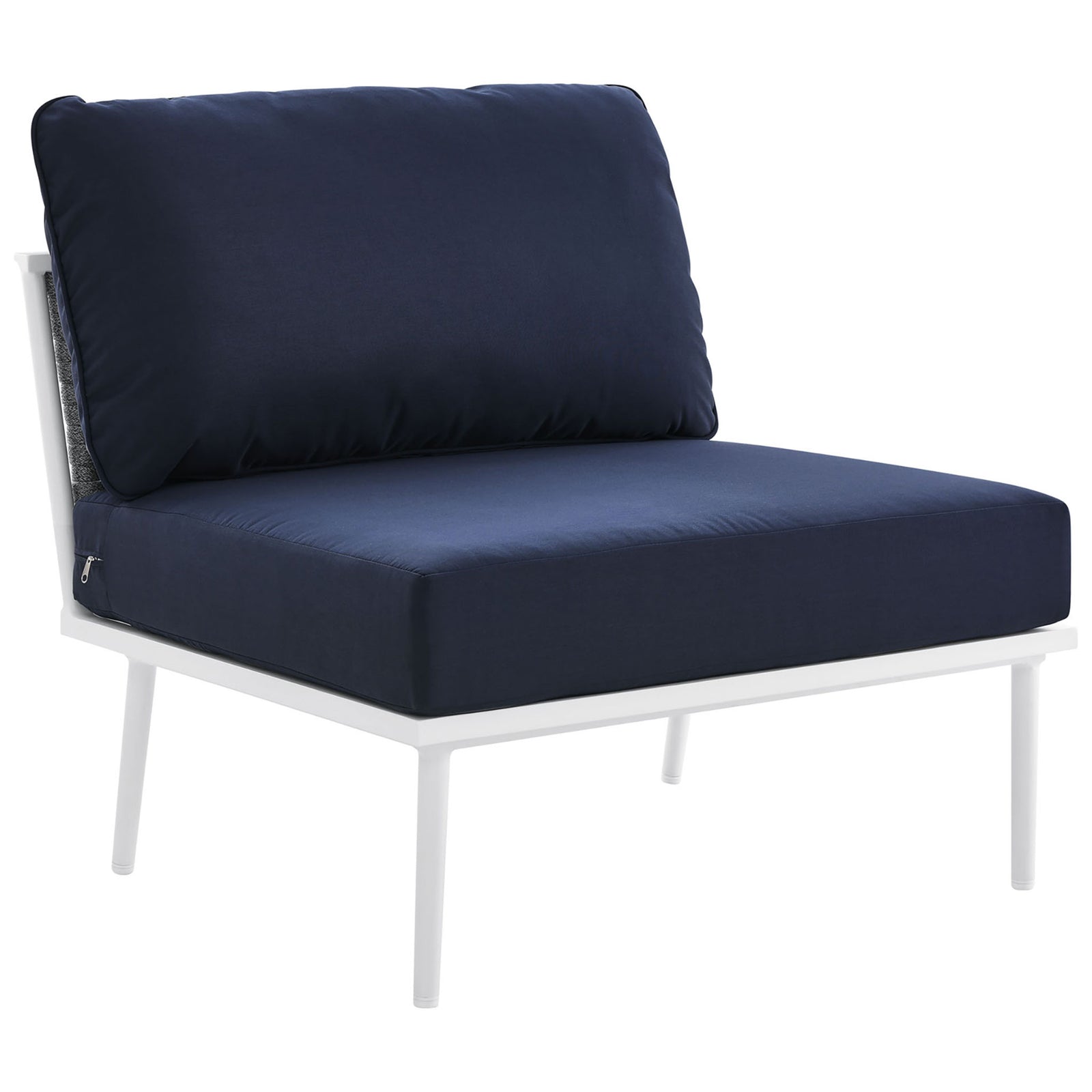 Modern Stance armless chair with navy all weather cushions and a slim white base || EEI-5568-WHI-NAV || front_angle_studio