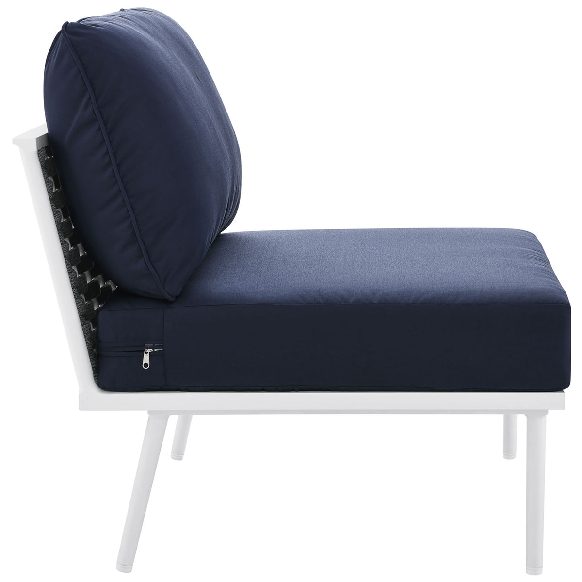 Stance armless chair showing thick navy seat and back cushions resting on slim white legs || EEI-5568-WHI-NAV || side_studio