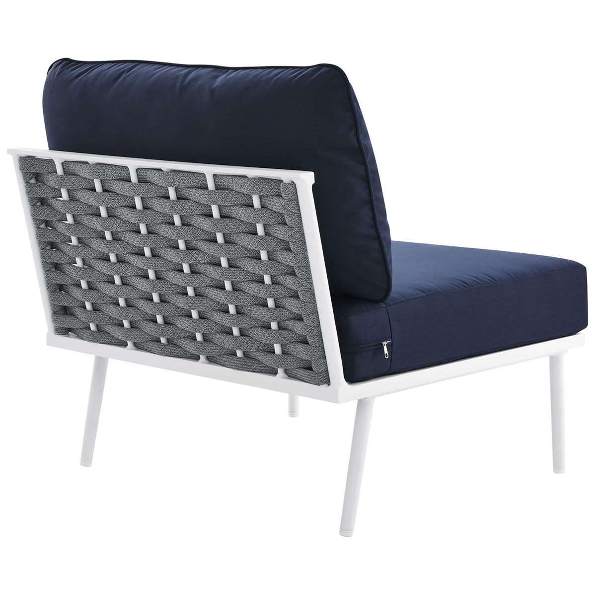 Curved charcoal rope back supporting the Stance white frame armless chair with navy cushion || EEI-5568-WHI-NAV || back_angle_studio