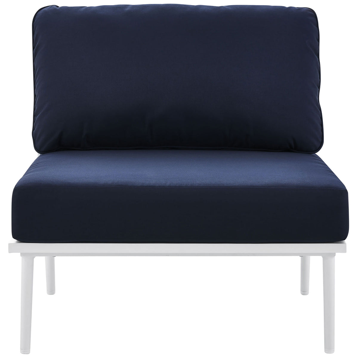 Stance outdoor armless chair with deep navy cushions on a crisp white aluminum frame || EEI-5568-WHI-NAV || front_studio
