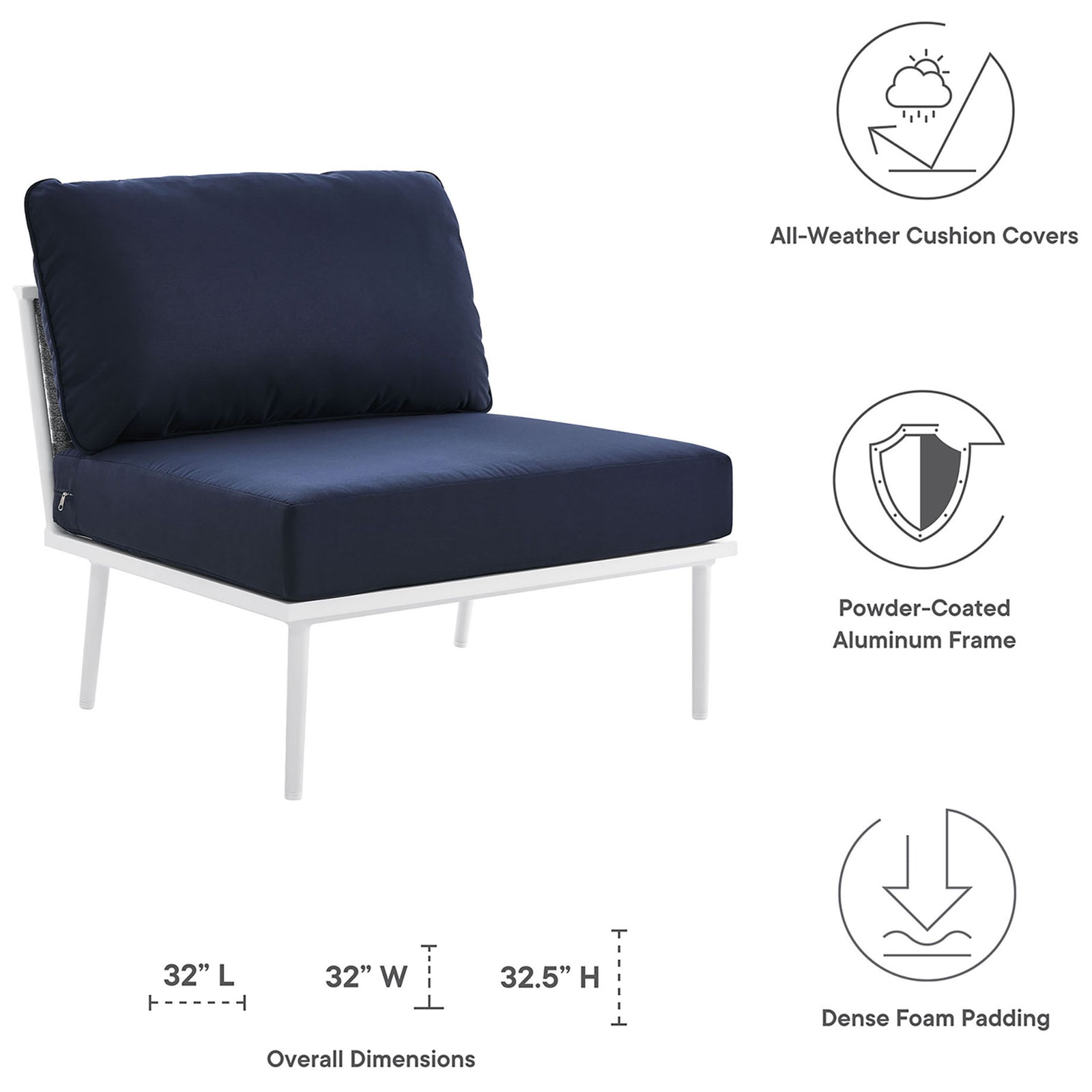 Stance armless chair with icons for deep navy cushions, powder coated frame, and overall size || EEI-5568-WHI-NAV || dimension_studio