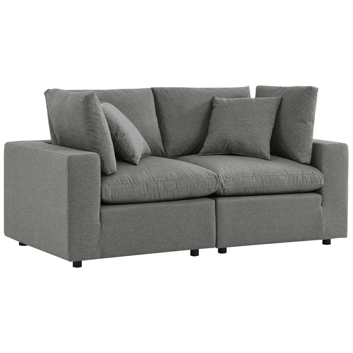 Charcoal patio loveseat with clean boxy arms and cozy, sink-in cushions for relaxed lounging || EEI-5576-CHA || front_angle_studio