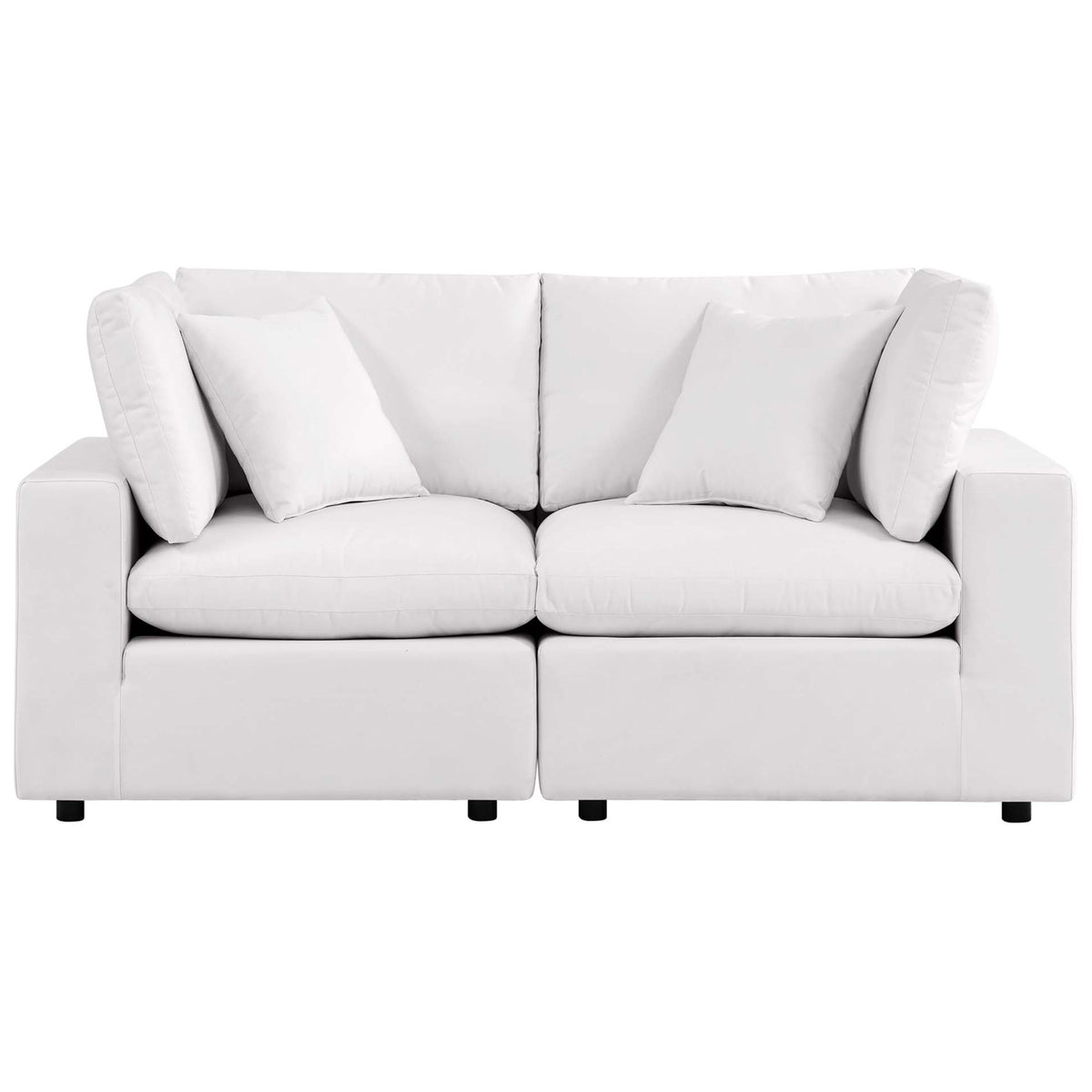 Crisp white outdoor loveseat with overstuffed back cushions and deep seating for two || EEI-5576-WHI || front_studio