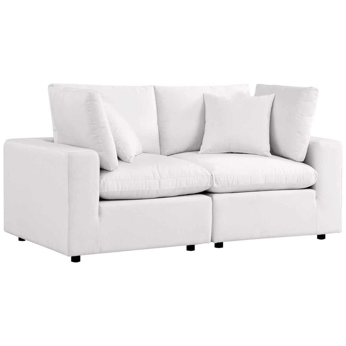 White patio loveseat with clean track arms and plush, inviting cushions for relaxing outdoors || EEI-5576-WHI || front_angle_studio