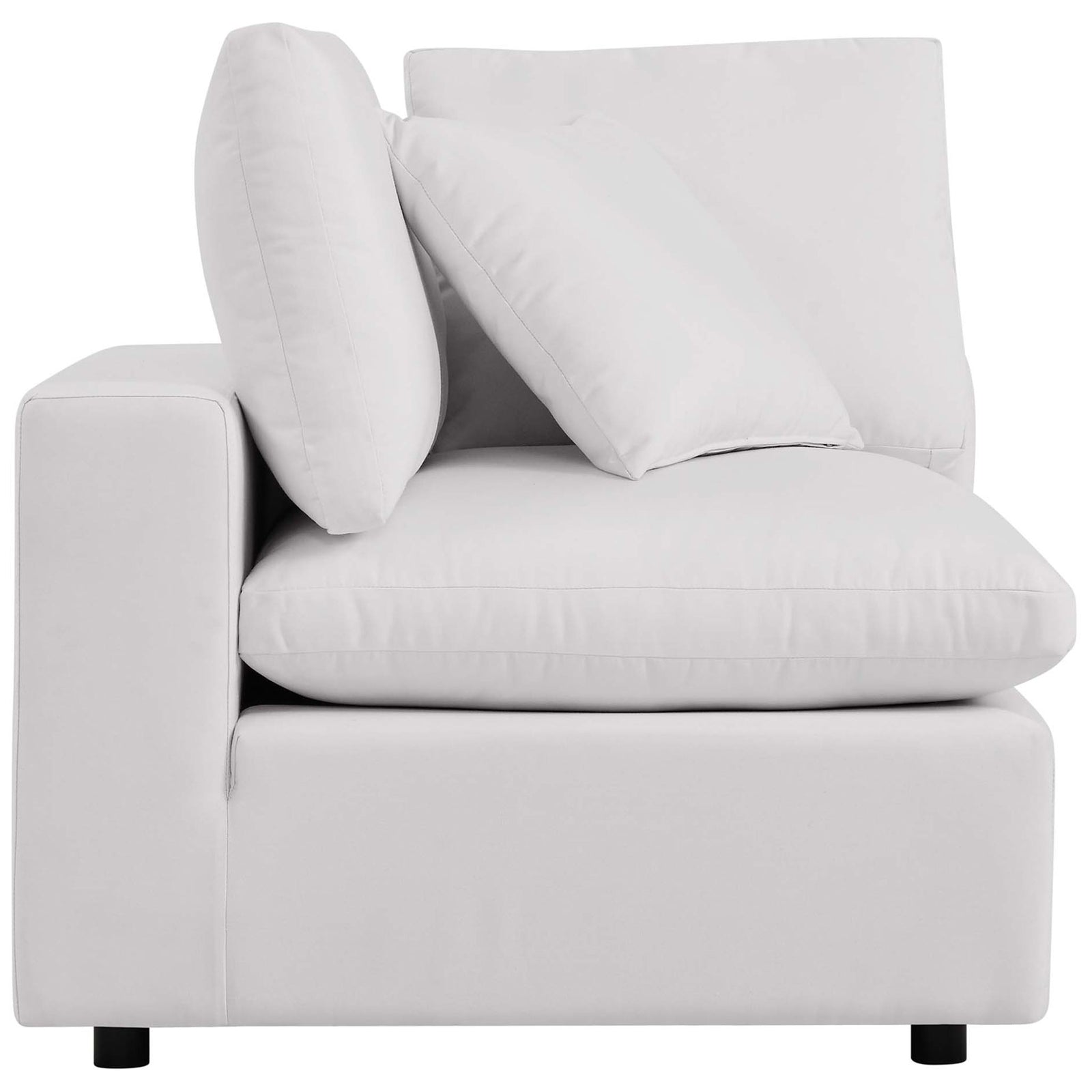 White modular corner chair showcasing its wide arm, generous seat depth, and low back cushions || EEI-5576-WHI || side_partial_studio