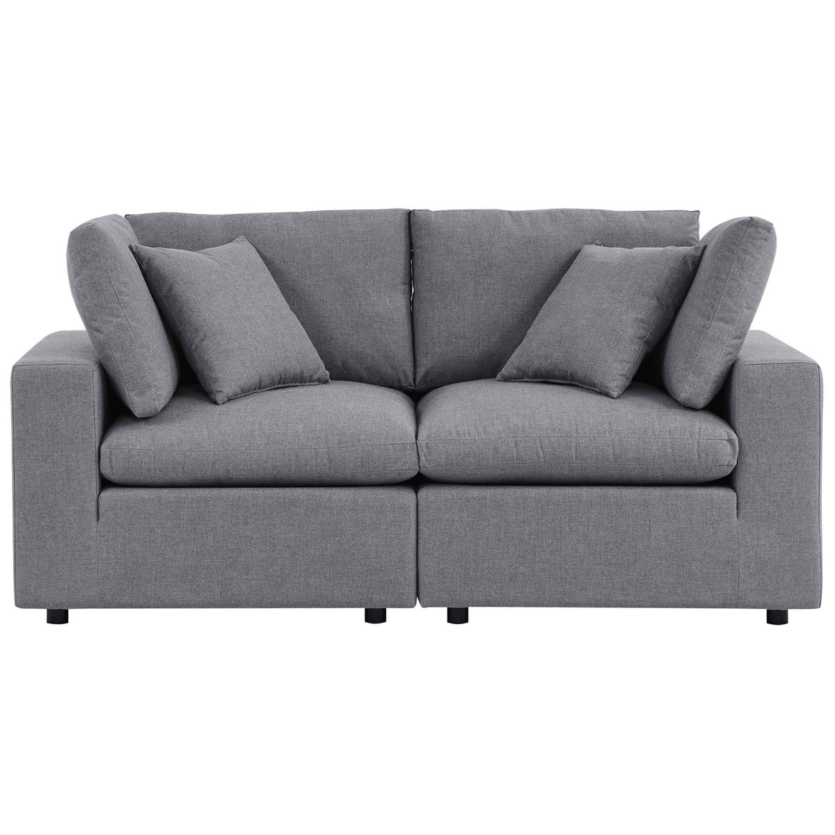 Gray Sunbrella outdoor loveseat with generously padded back cushions and deep seating for two || EEI-5577-SLA || front_studio